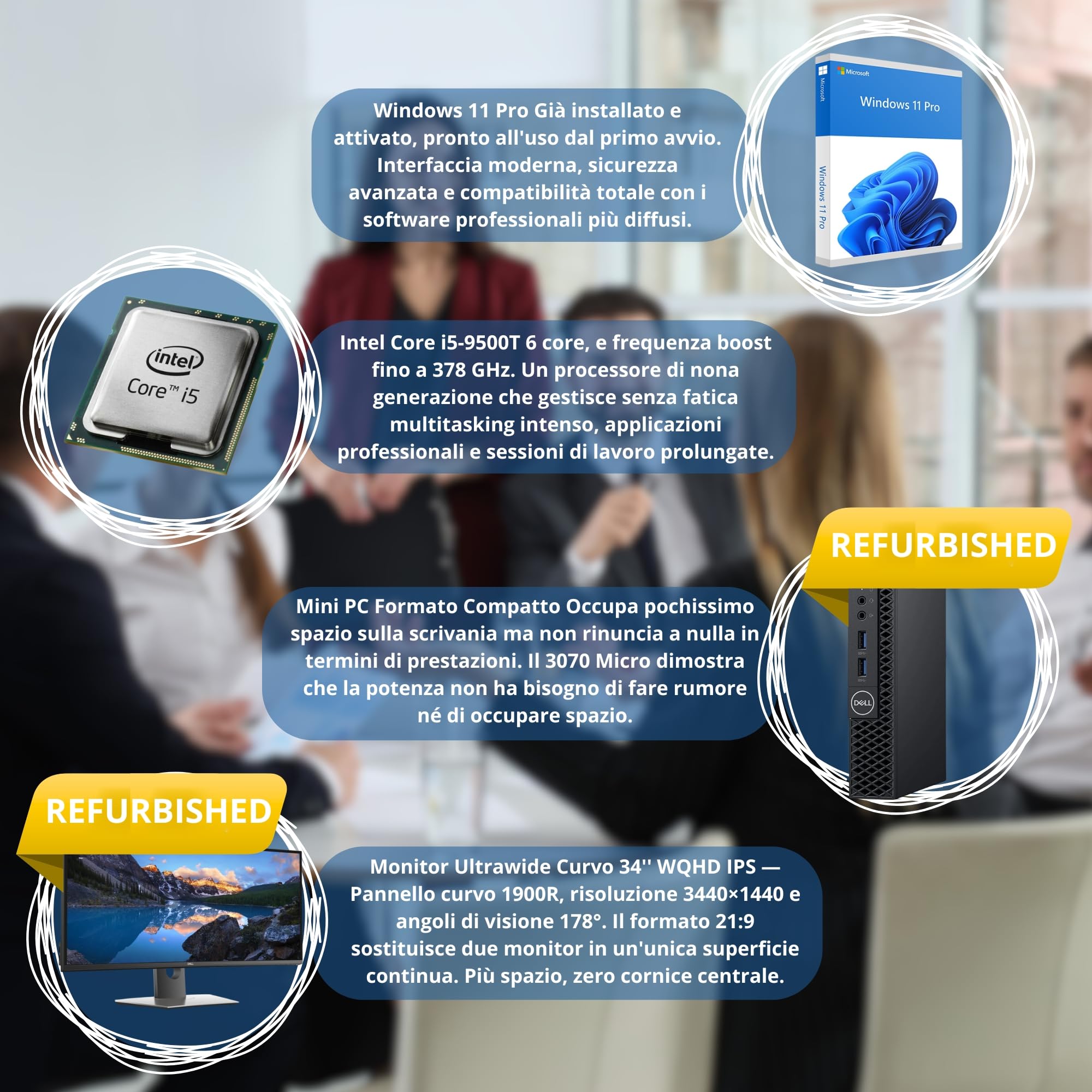 Pc Computer Business Bundle Postazione Completa Mini PC Business Ricondizionato + Monitor Curvo UltraWide 34" WQHD 3440×1440 IPS | 16GB | SSD NVMe 512GB | Win 11 Pro Garanzia 36 Mesi