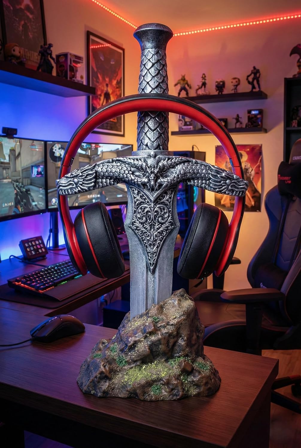 ZONEEPIC Medieval Dragon Sword Headphone Stand – Weighted Base Gaming Headset Holder & Display Statue – Hand Painted Resin Desk Accessory for Gamers, RPG Fantasy Decor (Antique Silver)