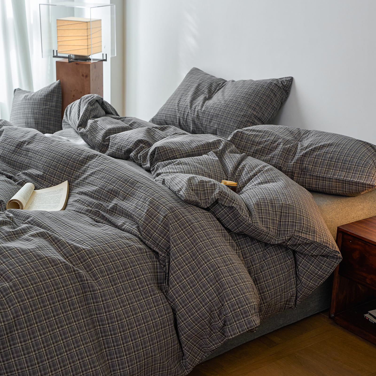 EAVD Vintage Plaid Gingham Duvet Cover King 100% Washed Cotton Grey 3-Piece