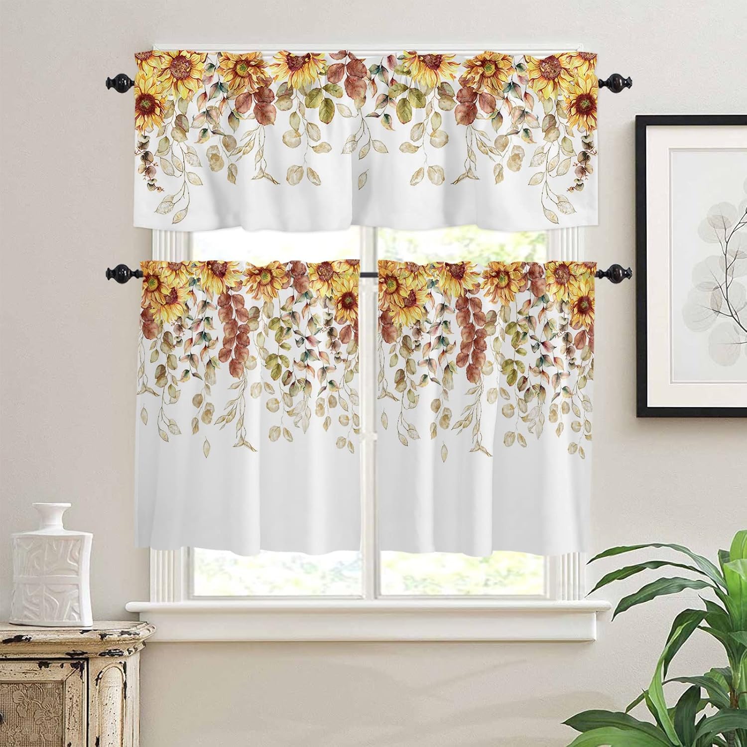 3 Piece Curtains Tiers and Valances Set, Fall Sunflower Eucalyptus Leaves Thanksgiving Autumn Watercolor Floral Plant Rod Pocket Short Window Treatment Curtains Panel and Valance for Bathroom Kitchen