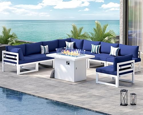 Miniatura 780 de NICESOUL 7 Piece White Powder-Coated Aluminum Patio Furniture with Fire Pit Table, 29 Inch Extra Wide Outdoor Sectional Sofa for 6, High-End Heavy