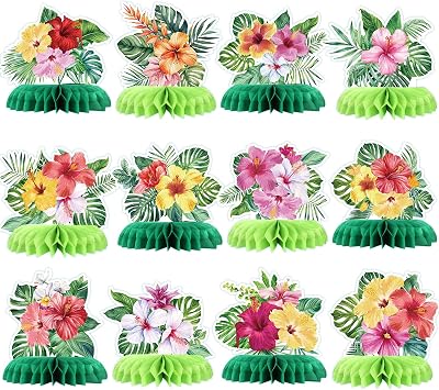 QOUBAI 12Pcs Hawaii Luau Honeycomb Centerpieces Summer Party Decor Tropical Honeycomb Centerpieces Table Toppers Palm Leaves Flowers Table Decorations for Hawaii Aloha Birthday Party Supplies Favors
