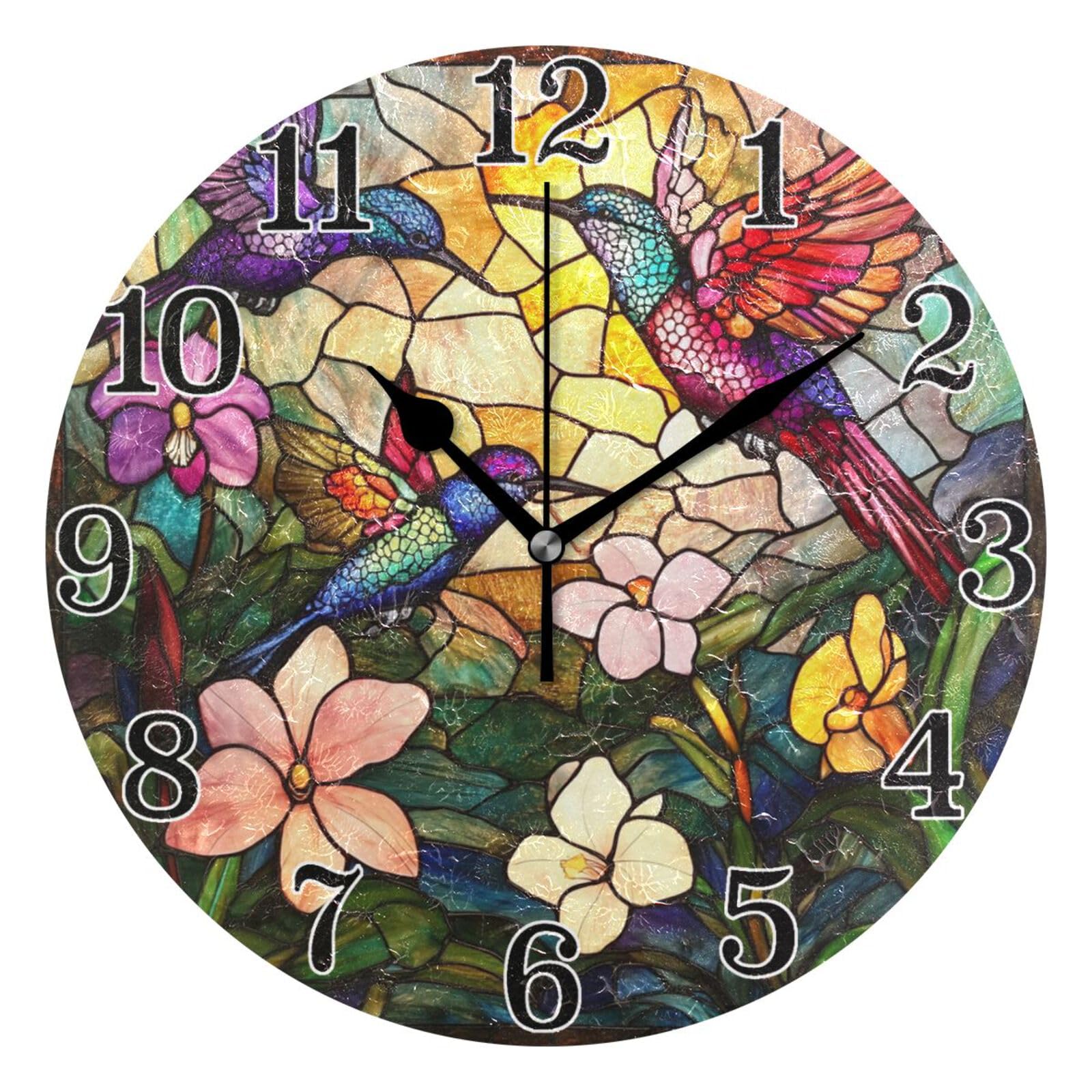 Horloge murale ronde en verre teinté artistique oiseaux colorés design chic