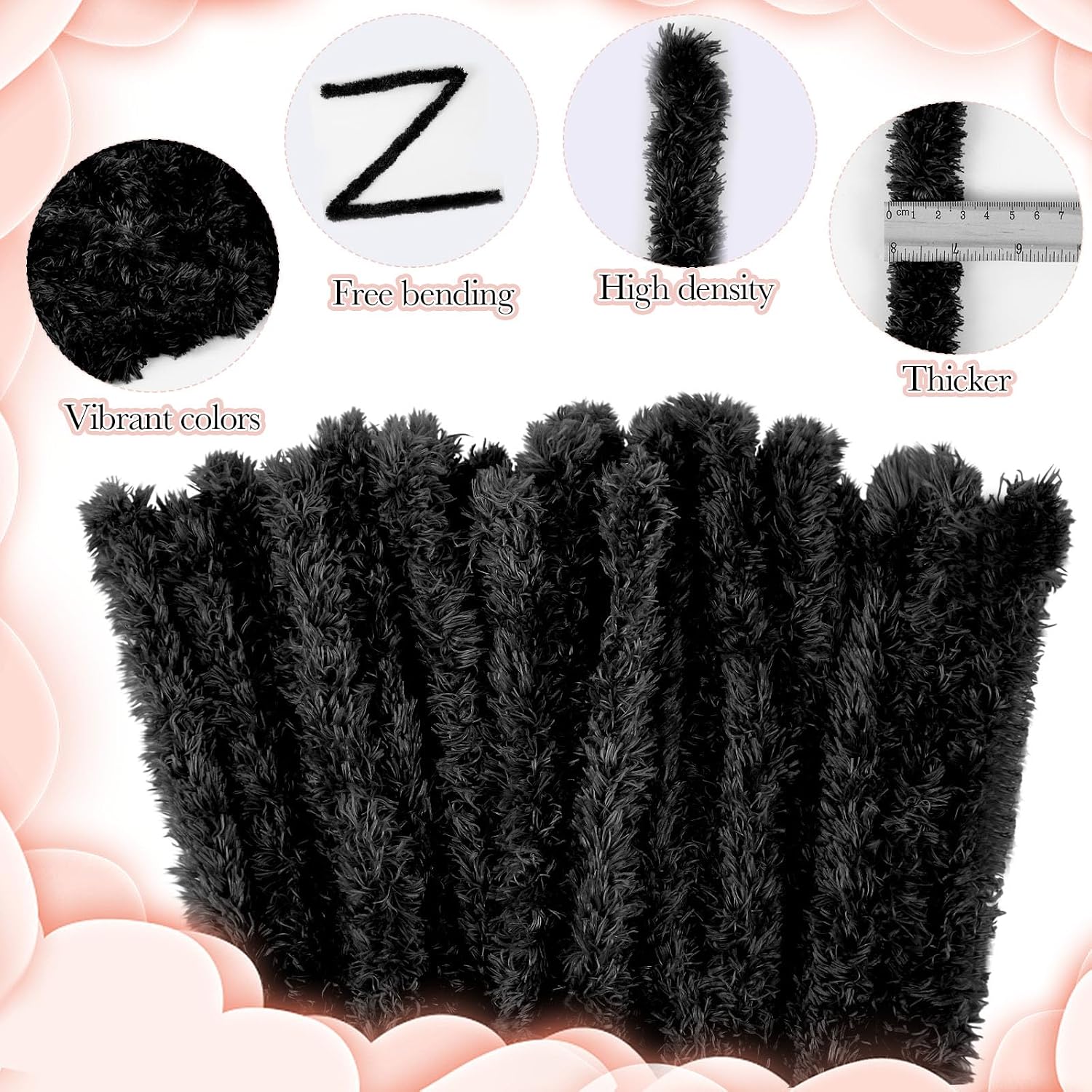 Teenyyou 24 Pcs 30mm x 39.37 Inch Extra Thick Jumbo Pipe Cleaners Bulk DIY Valentine's Day Giant Fur Fluffy Pipe Cleaners Chenille Stems Craft Supplies for Gifts DIY Project(Black)