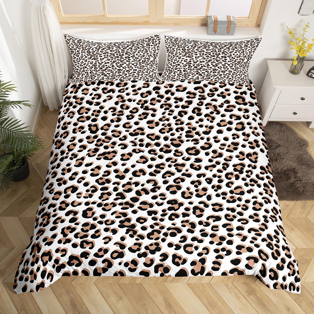 Leopard Print Duvet Cover Africa Cheetah Print Bedding Set for Kids Boys Girls Teens Decor Safari Animal Pattern Comforter Cover White Black Brown Leopard Bed Set 2Pcs Zipper Twin Size (No Comforter)