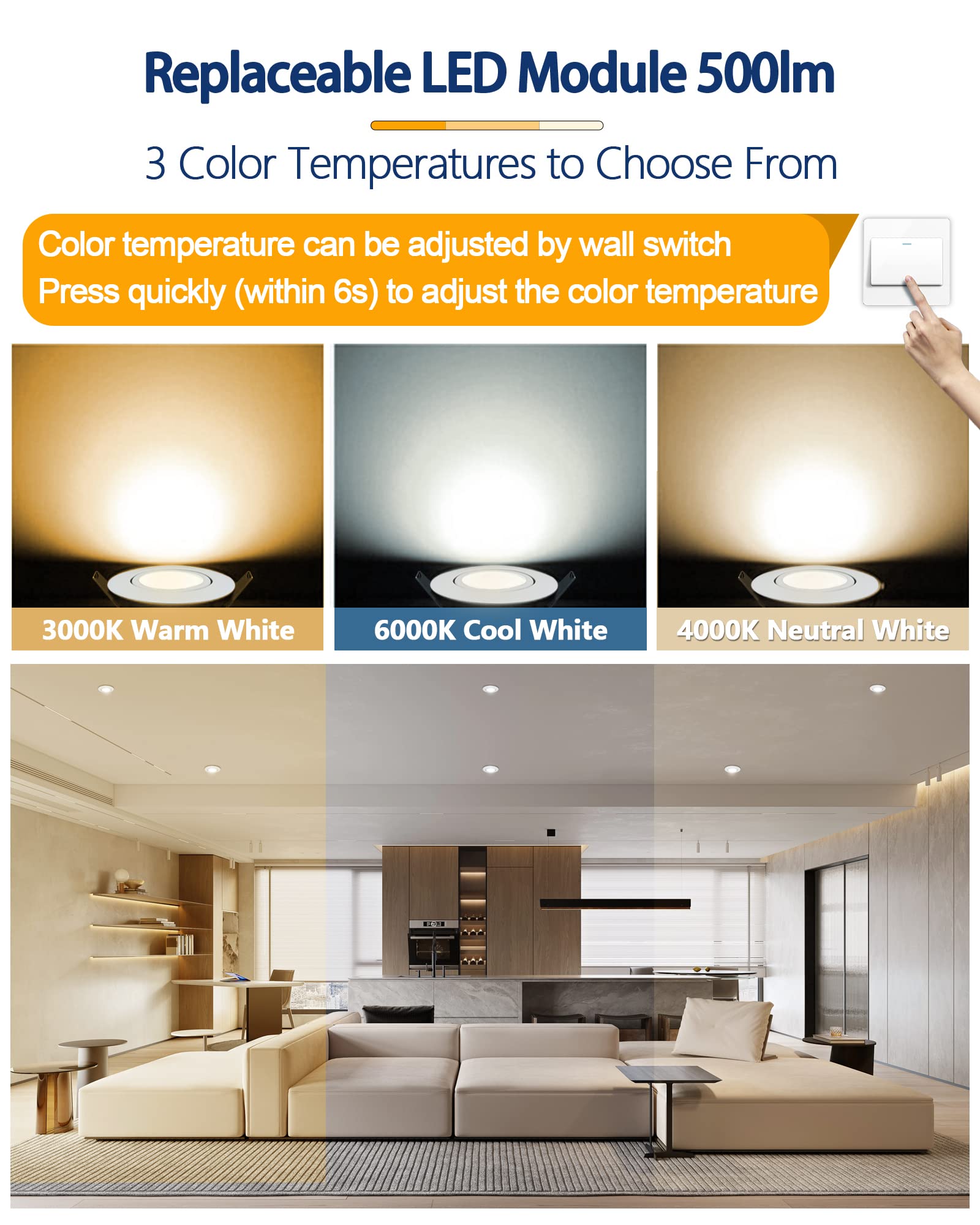 Spot Led Plafond Dimmable 220V Spot LED Encastrable Orientable RGB Blanc Chaud 3000K Dimmable 5W Plafond Encastré Blanc Mat Spot Orientable 45
