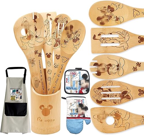 Cucharas de madera para cocinar, cucharas de bambú de dibujos animados, juego de utensilios de decoración de cocina con delantal, manoplas de horno,