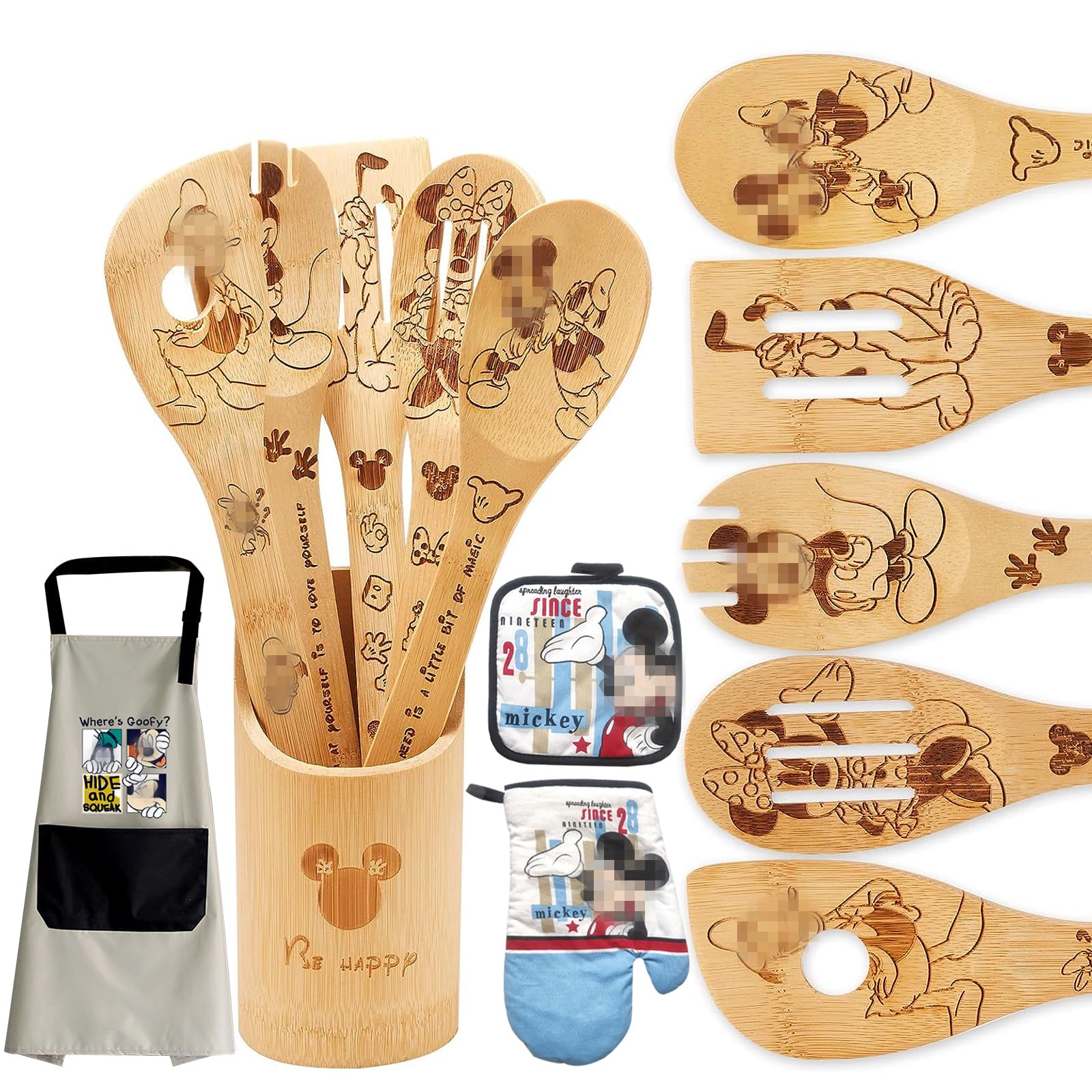 BOZICRE 9PCS Mouse Wooden Spoons for Cooking-Mickey Bamboo Kitchen Utensils Set with Apron Oven Mitt Potholder Set-Housewarming Birthday Gifts Anniversary Present for Women-3d Engraved Patterns.