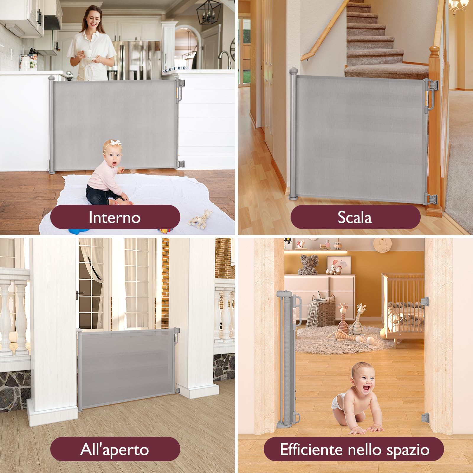 Momcozy Cancelletto per Bambini Estensibile, 180cm Cancello per Bambini, Silenzioso e Operazione con una sola mano, Cancelletto di Sicurezza Retraibile per Scale/Interni/Esterni/Corrido, Grigio