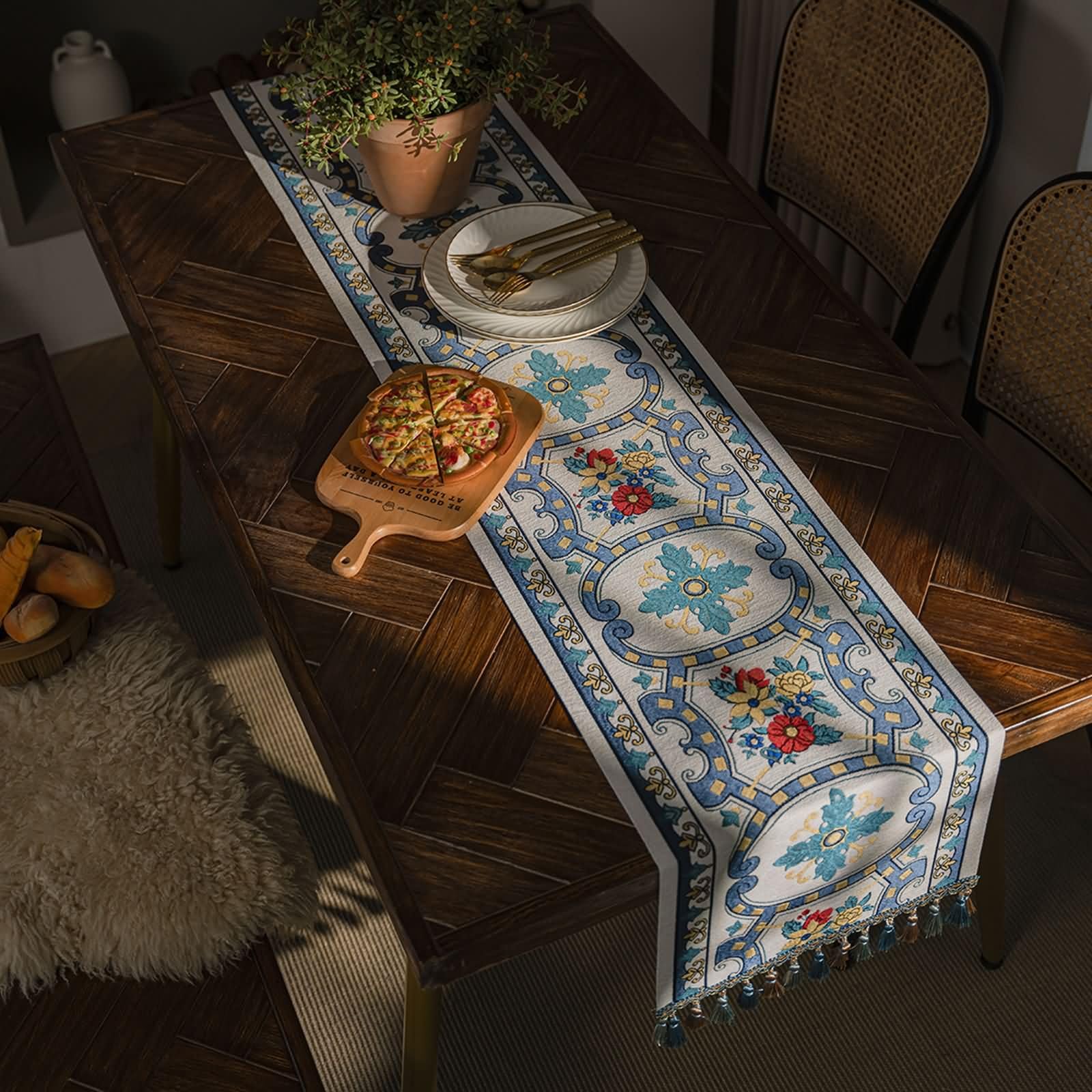 Runner Tavola Blu con Motivi Floreali,Poliestere Cotone,35x350cm