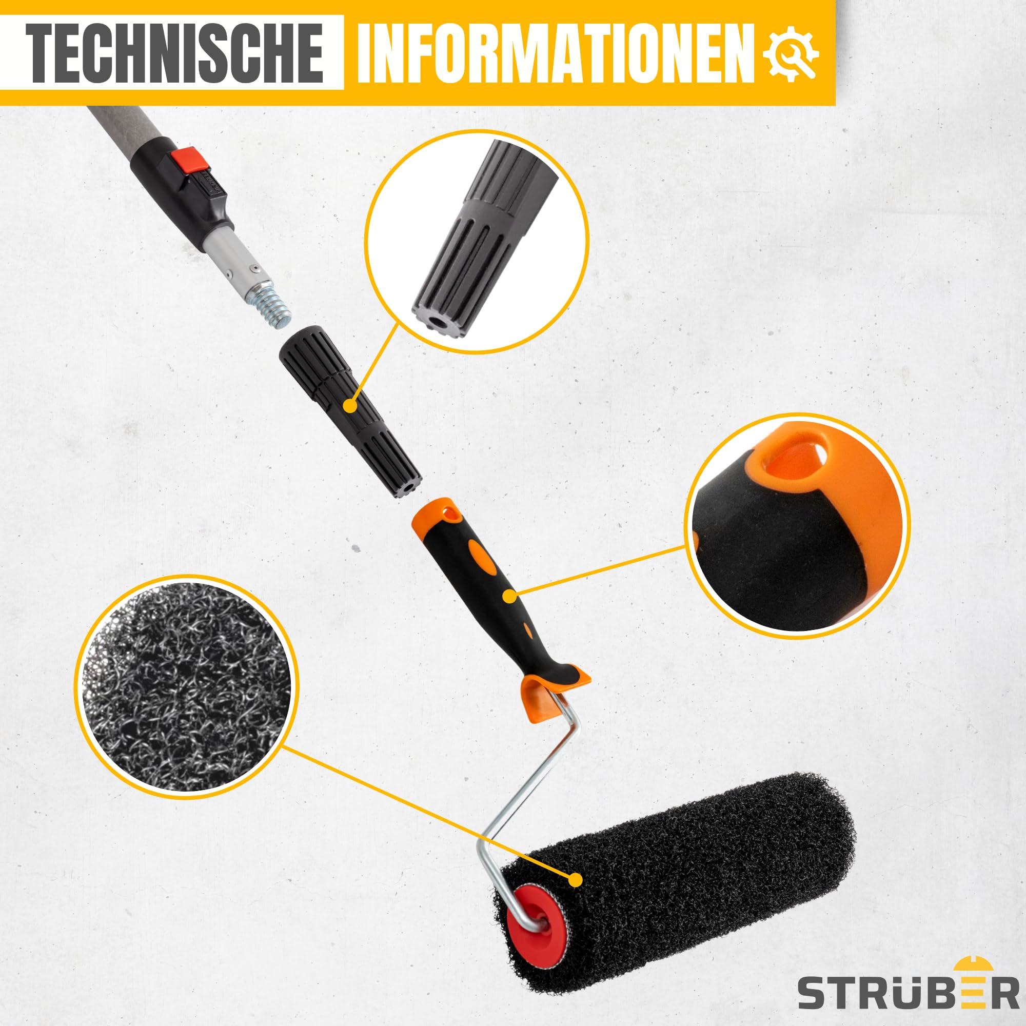STRÜBER Flächenspachtel Set im Koffer- 5 x Flächenspachtel (250mm, 400mm, 600mm, 800mm, 1000mm) - Ergonomischer Z-Griff - Teleskopstange + Adapter - Rollspachtel - Made in EU