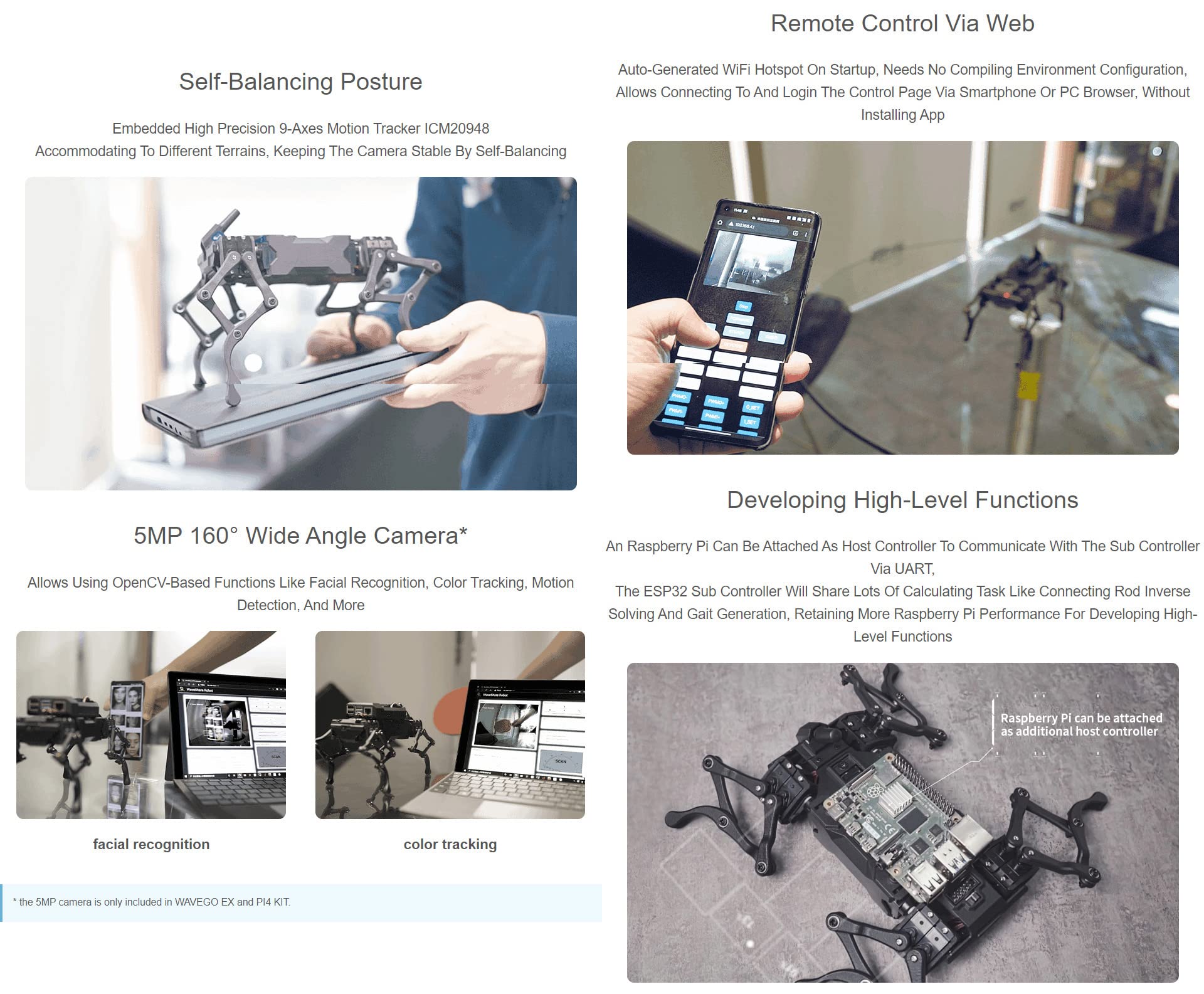 Waveshare WAVEGO 12-DOF Bionic Dog-Like Robot Open Source for ESP32 and PI4B Facial Recognition Color Tracking Motion Detection Basic Kit (Fully Assembled)