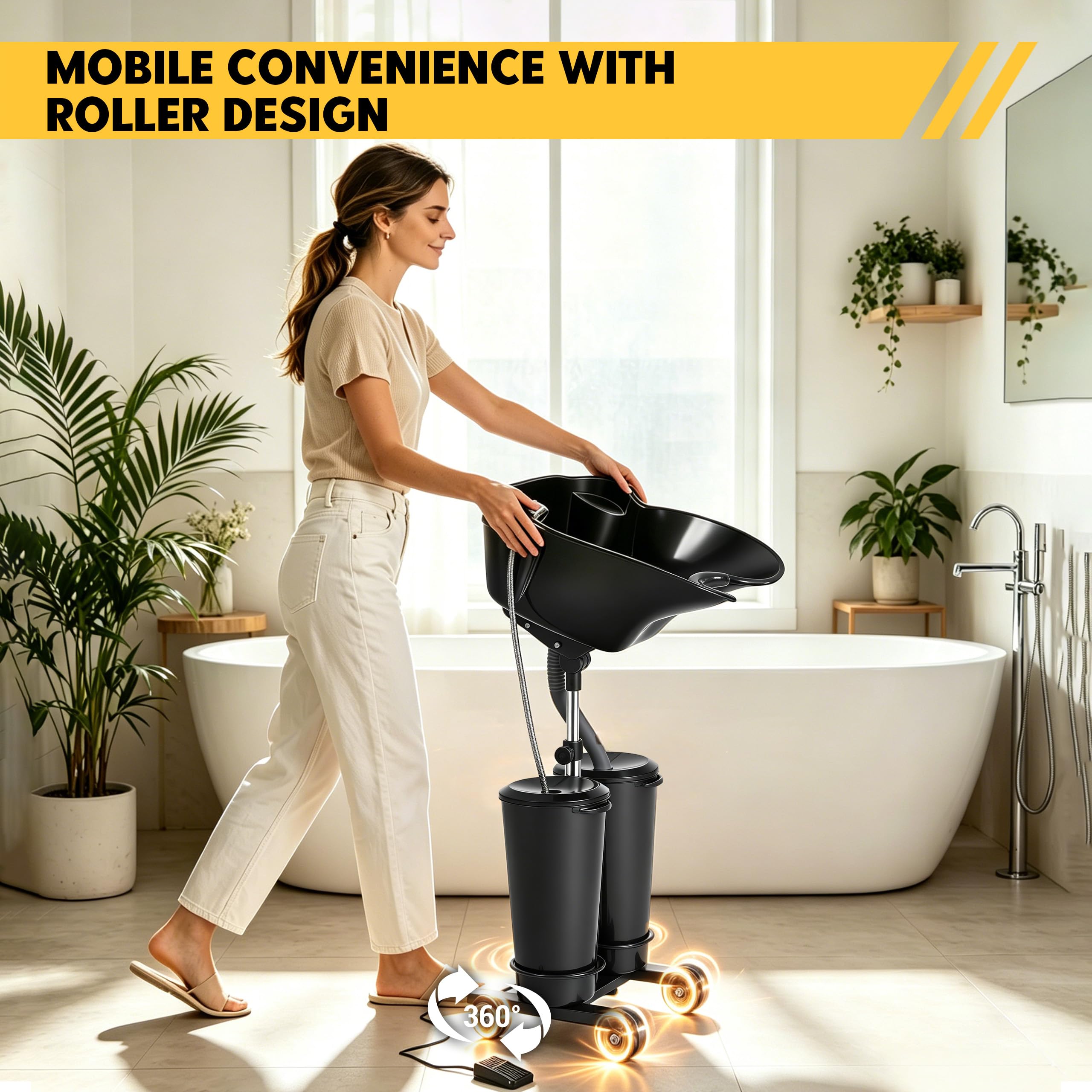 Mobiles Waschbecken mit Elektrischer Pumpe 2-Eimer Ablaufschlauch Haarwaschbecken with 4 Räder Höhen- und Winkelverstellbarer Kopfwaschbecken für Zuhause Salon Friseursalon Barbershop
