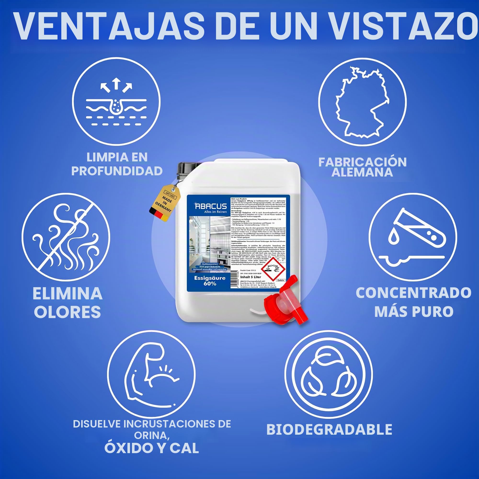 ABACUS® Ácido acético 60% | Ácido acético altamente concentrado para el hogar, el jardín y la industria | Uso versátil como limpiador de vinagre para limpiar y descalcificar | diluible individualmente