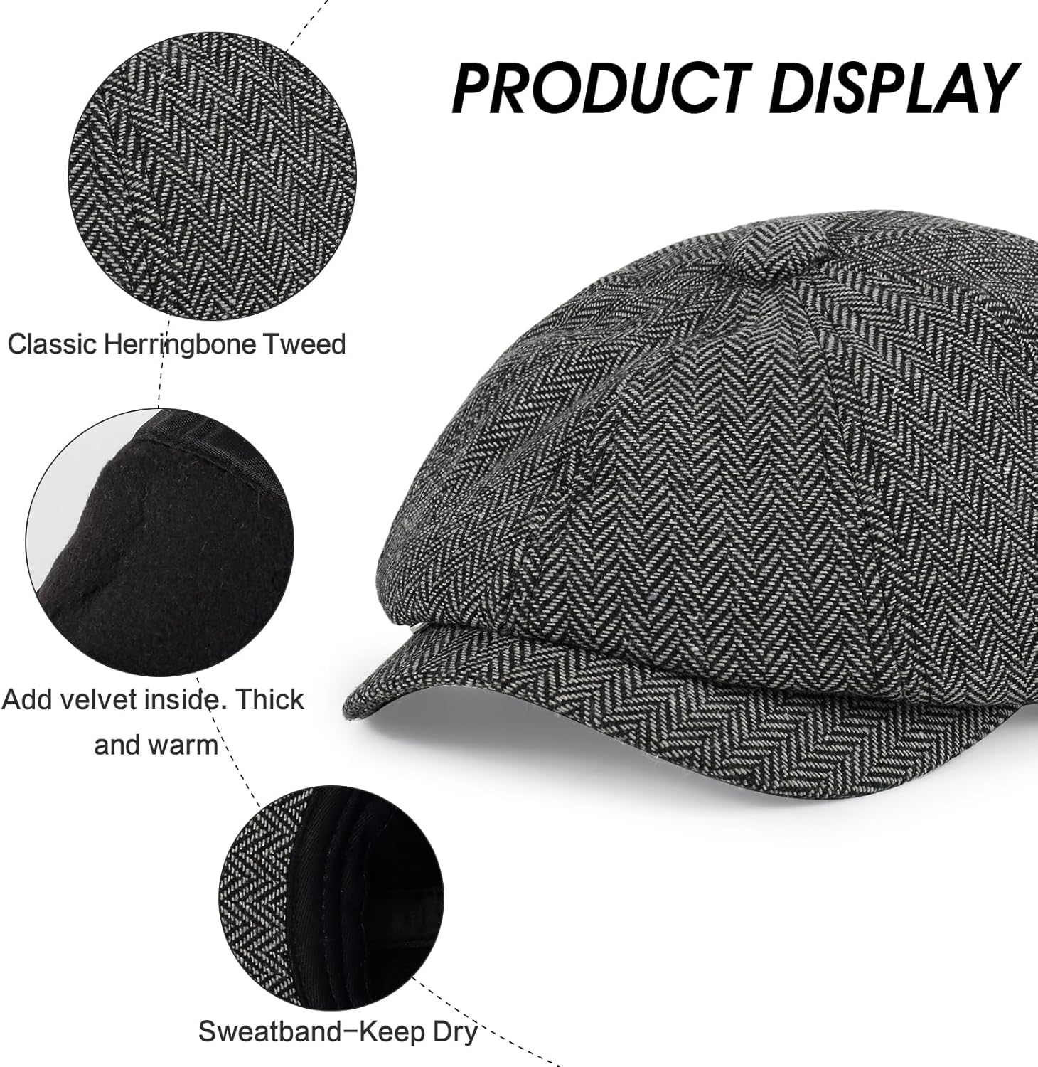 Newsboy Cap for Men Cotton 8 Panel Men's Flat Cap Herringbone Tweed CabbieHat - Image 4