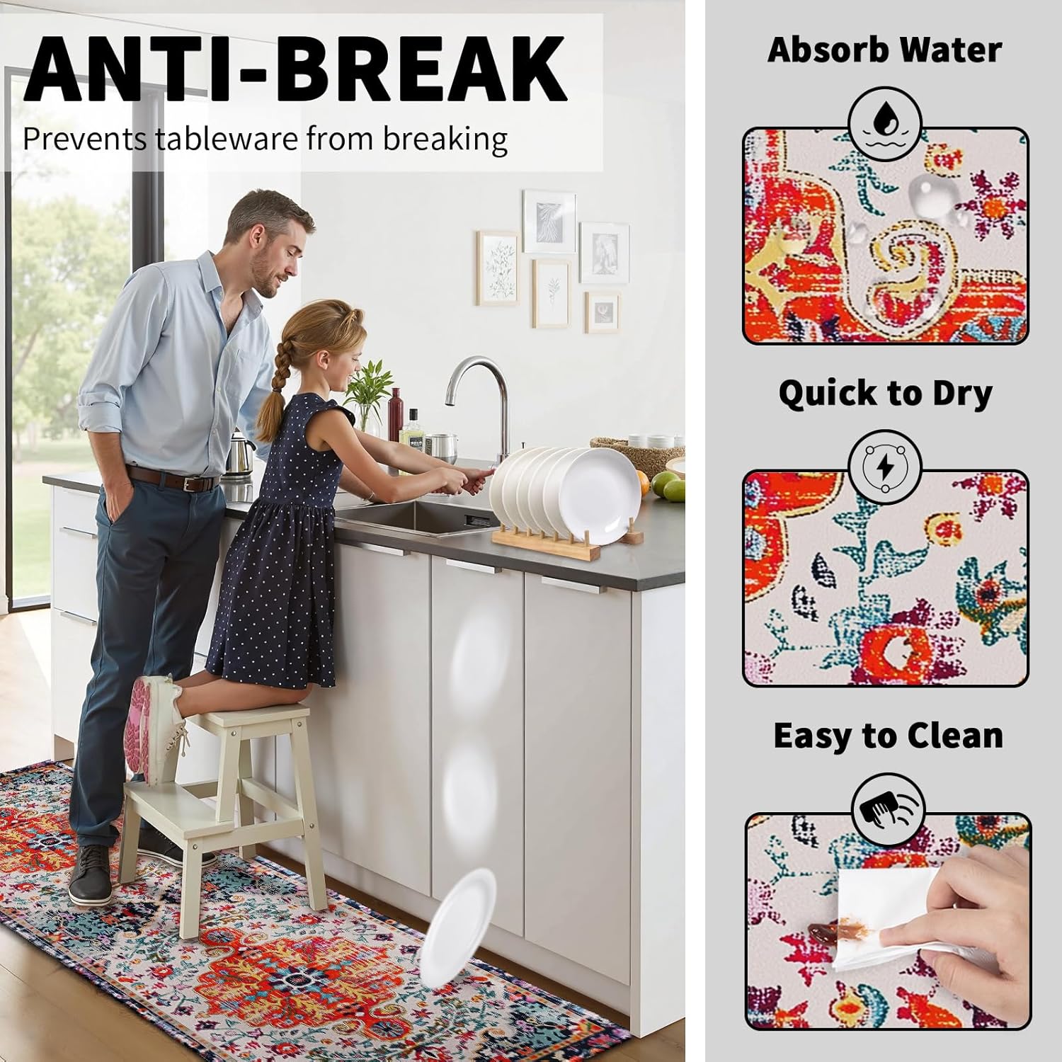 Boho Kitchen Mat Set 2 PCS Vintage Ethnic Pattern Runner Rug Non Slip 17"x47"+17"x30", Distress Print Bohemian Floral Washable Absorbent Kitchen Rugs for Floor Bathroom Laundry Decor