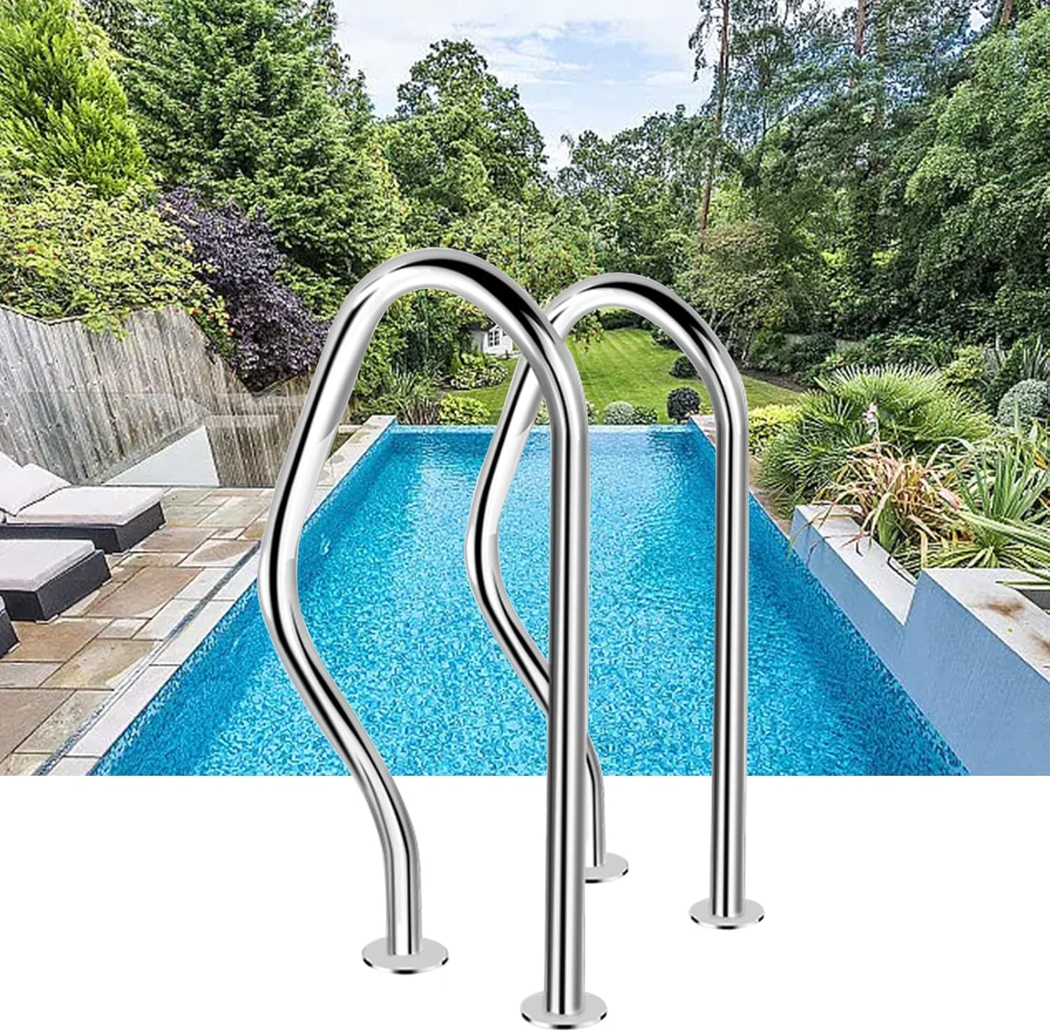 Inground Pool Handrail 304 Stainless Steel Pool Railing, Anti-Slip Safety Grip Swimming Pool Hand Rail with Quick Mount Base Pool Safety Handrails (2 PCS)