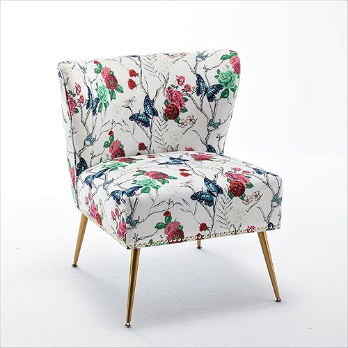 Miniatura 2 de Thia Silla decorativa sin brazos para sala de estar, elegante asiento con ribete de cabeza de clavo, patas de metal dorado y cómodo respaldo curvo,