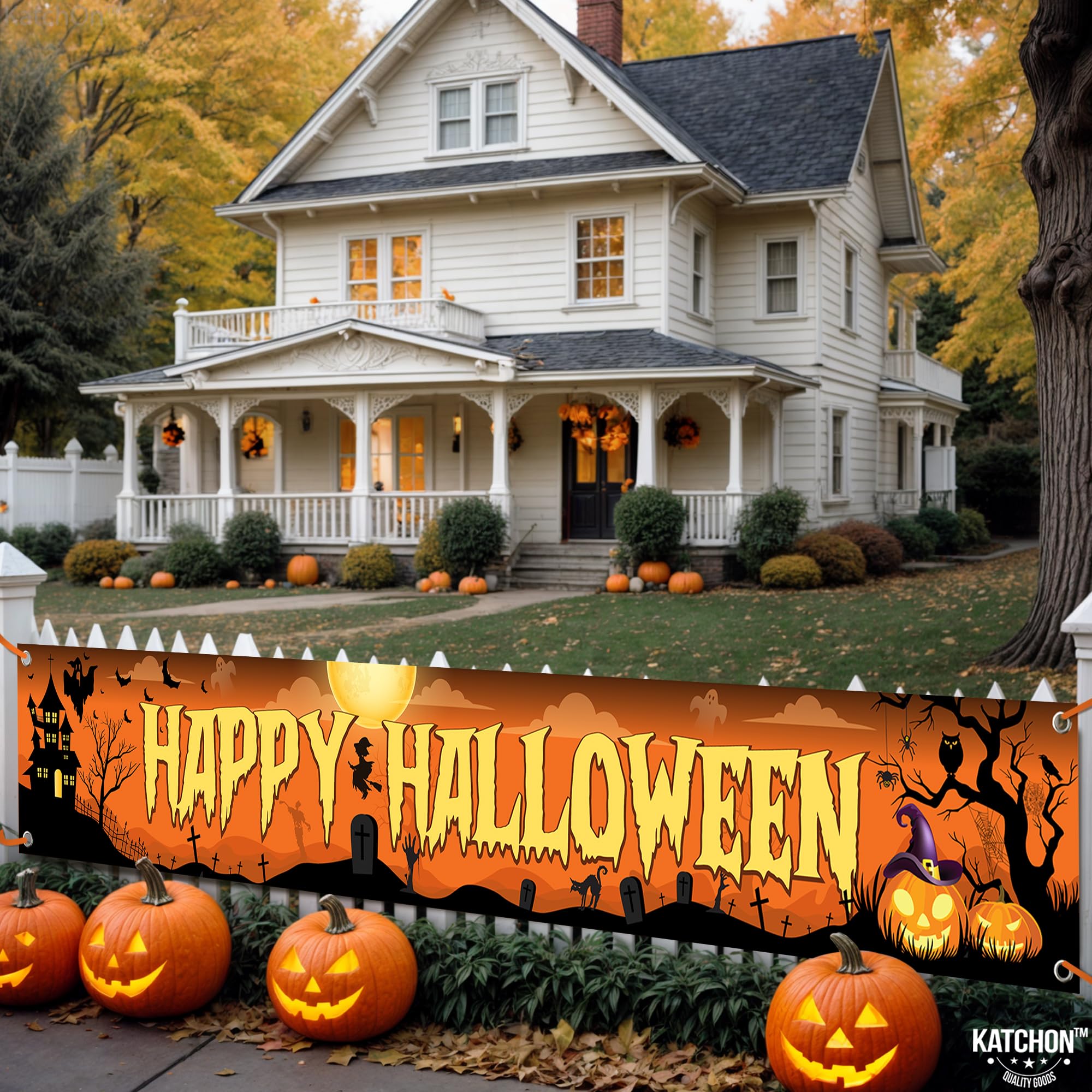 KatchOn, Baner Happy Halloween na zewnątrz, 300 x 50 cm, pomarańczowy i czarny baner na podwórko z okazji Halloween, znak na podwórko na Halloween, dekoracja podwórka, banery halloweenowe na zewnątrz