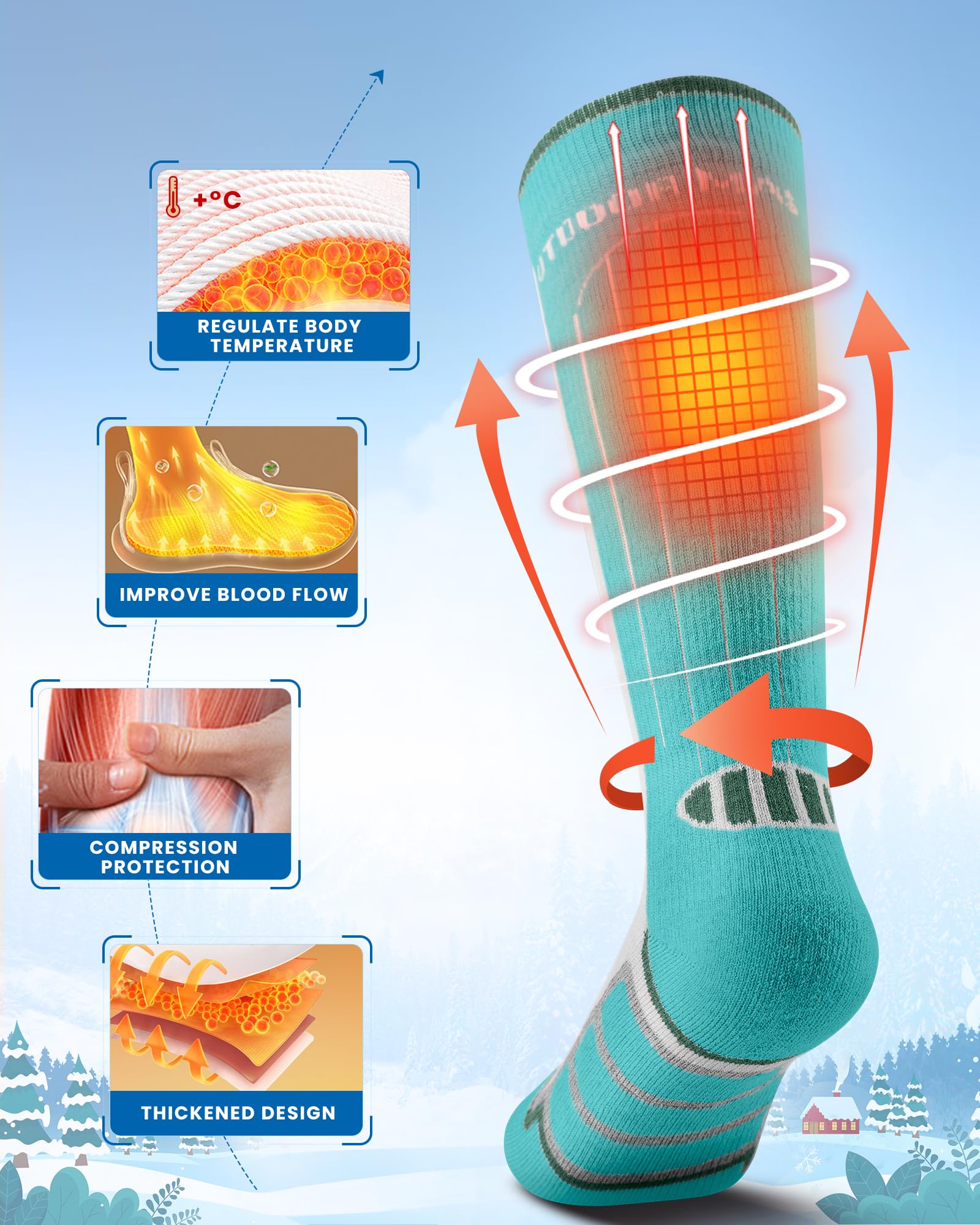 OutdoorMaster Lot de 2/3 chaussettes de ski thermiques à compression en laine mérinos pour garçons et filles, poignets antidérapants sur le mollet