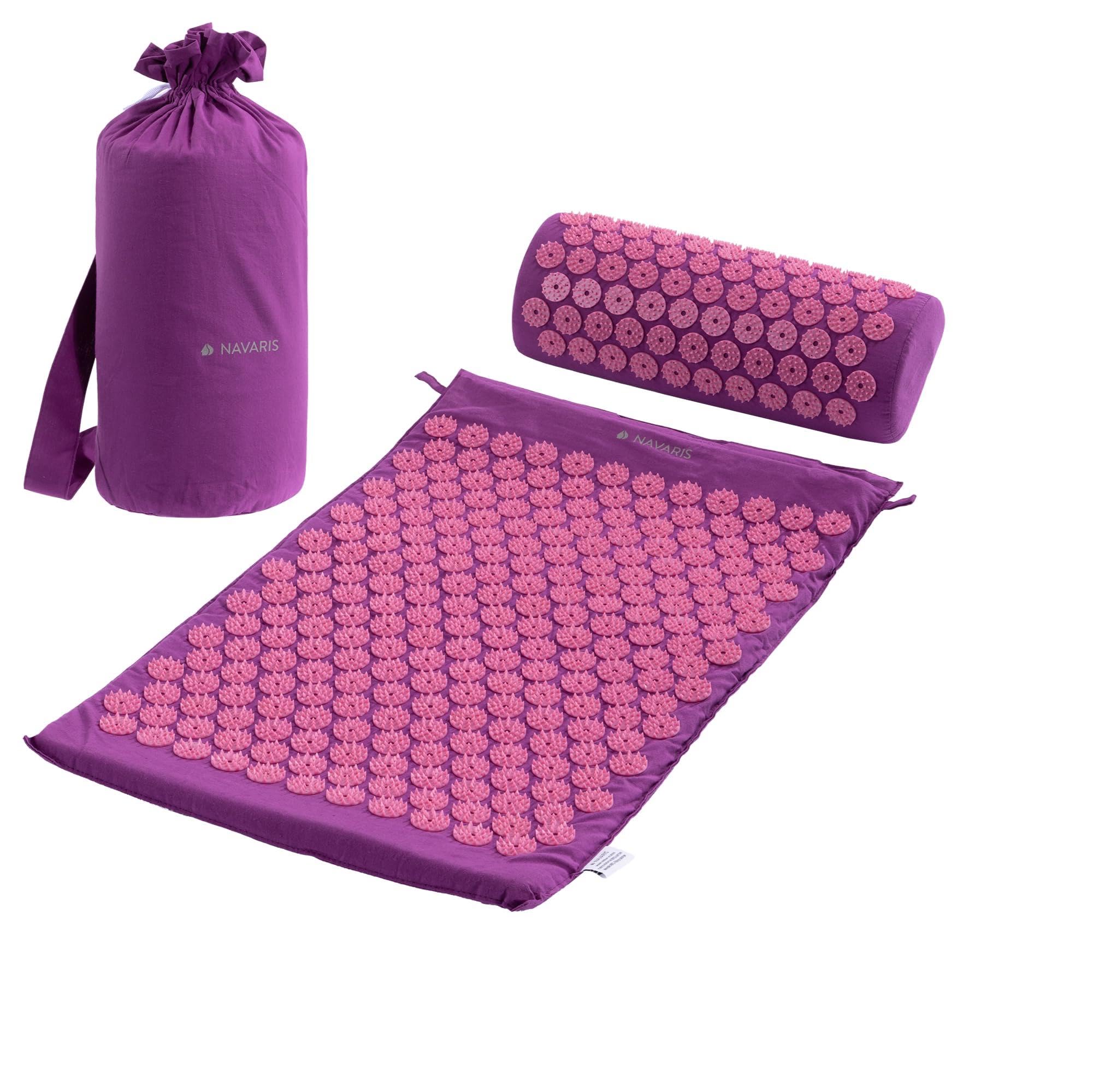 NavarisAcupressure Mat and Pillow Set - Acupuncture Mat for Back, Neck, Shoulders, Muscles, Relaxing - Includes Carry Bag - Berry, Indian Sun Design