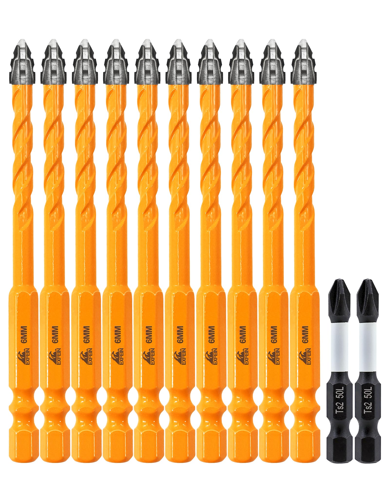 Upgraded Tile and Masonry Drill Bits Set 6mm, EXFEIN Serrated Drill Bits Set - 10-Piece Carbide Drill Bits and 2-Piece Magnetic Screwdriver Bits for Wood Plastic Tile Concrete Brick Marble
