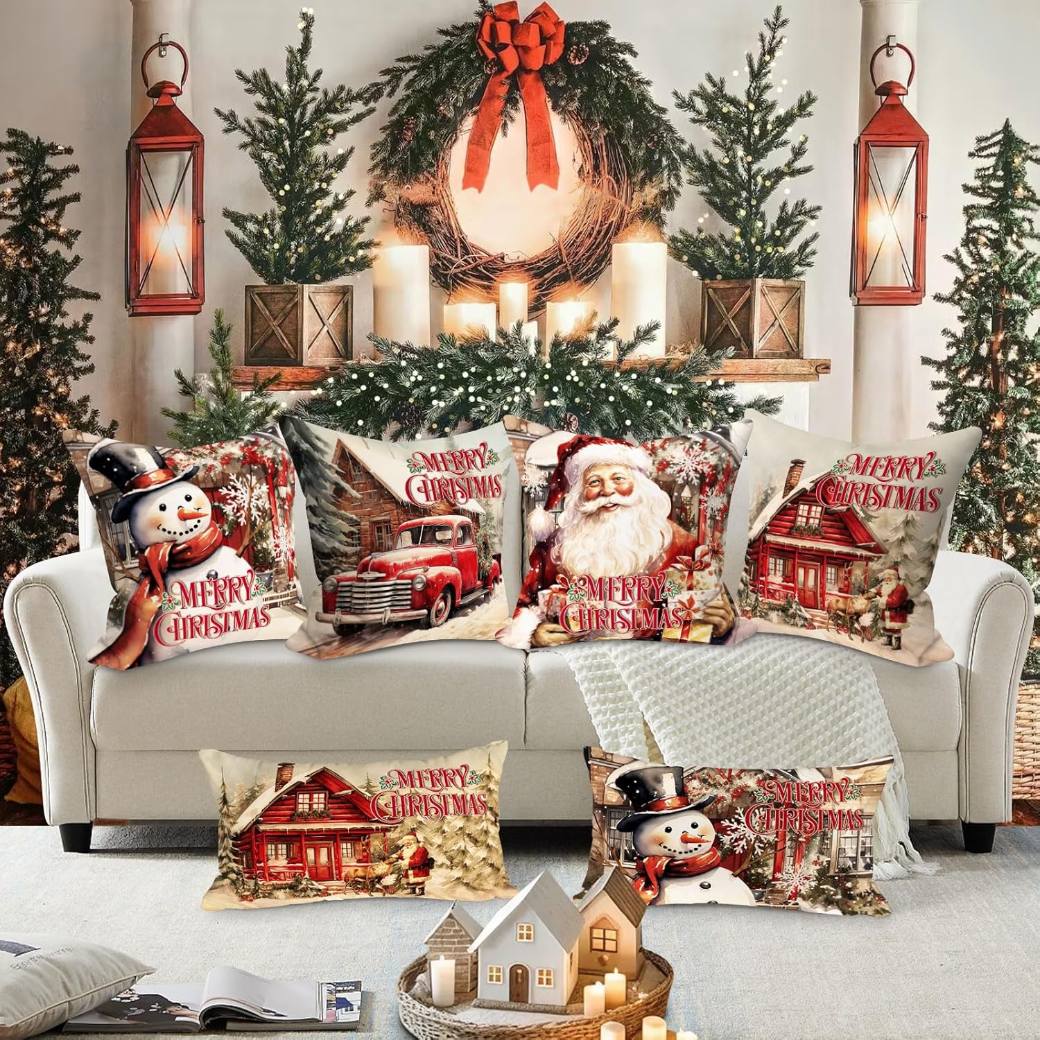 Lanpn Vintage 24x24 Christmas Throw Pillow Covers Set of 4, Xmas Decorations Cushion, Retro Santa Claus Pillowcase, Winter Holiday Decorative Pillow Case, Indoor Home Bedroom Sofa Couch Decor
