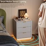Fluted Nightstand, Curved Night Stand with Charging Station Lighting, Wood End Table with 3 Drawers, Modern Side Table Storage Cabinet for Bedroom Office,(1, White)