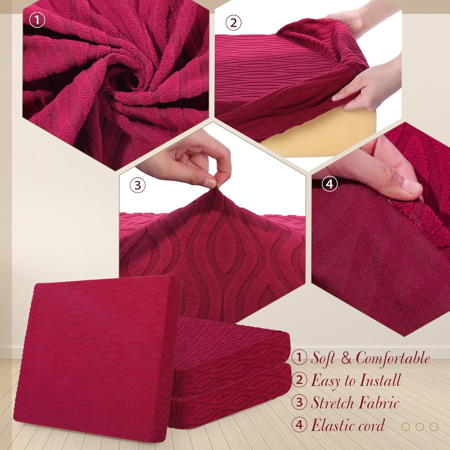 Newwiee 8Pcs Stretch Patio Cushion Covers Outdoor Cushion Covers for Patio Furniture Replacement Couch Sofa Slipcovers Jacquard Textured Soft Fabric Washable Furniture Protector (Wine Red,Classic)