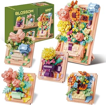 Flowers Building Set for Women - Lego-Compatible 4 in 1 3D Flower Picture Frames Building Rose Sunflower Botanical Collection Home Office Decor, Ideas Gift for Valentine Birthday Xmas Girls Adults