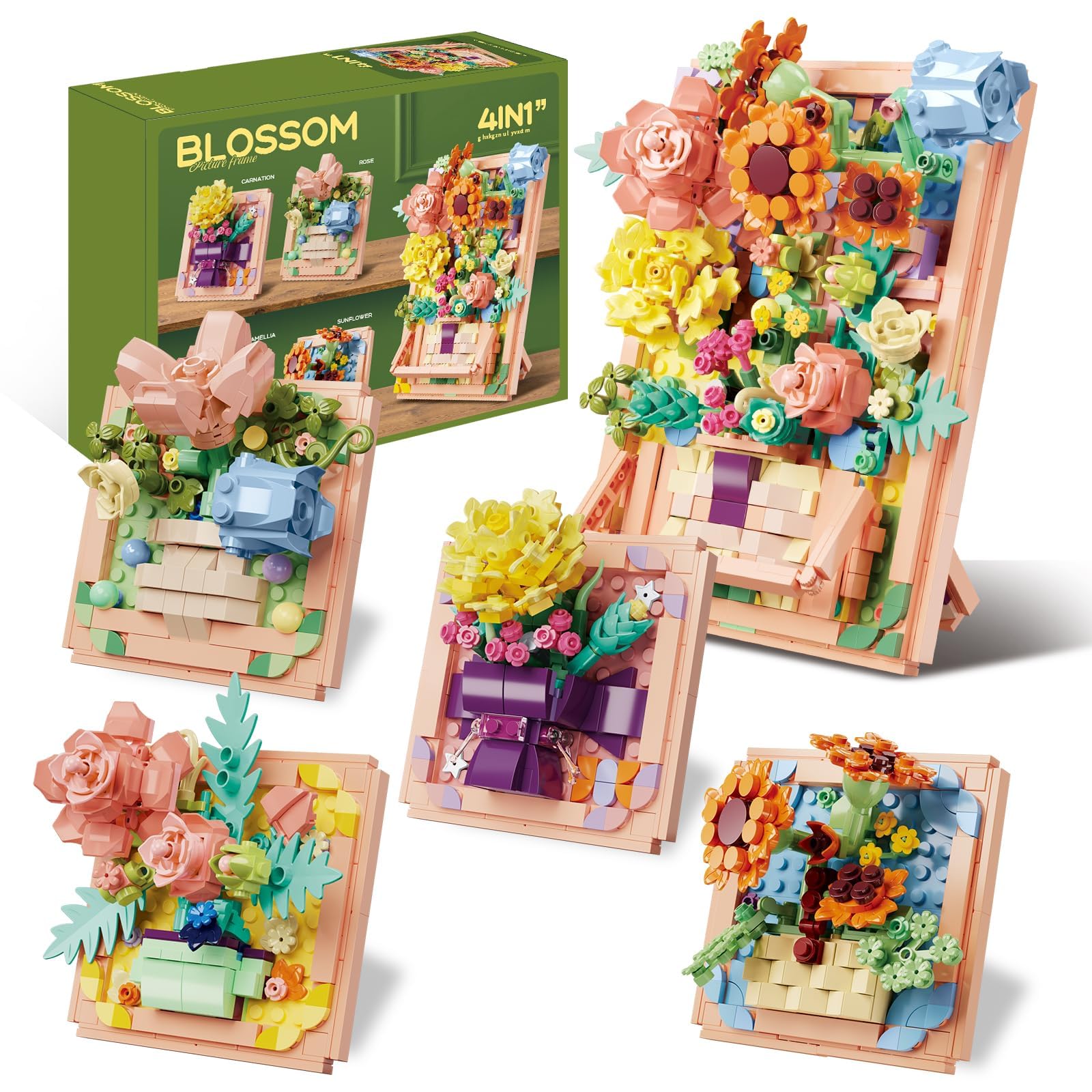 Flowers Building Set for Women - Lego-Compatible 4 in 1 3D Flower Picture Frames Building Rose Sunflower Botanical Collection Home Office Decor, Ideas