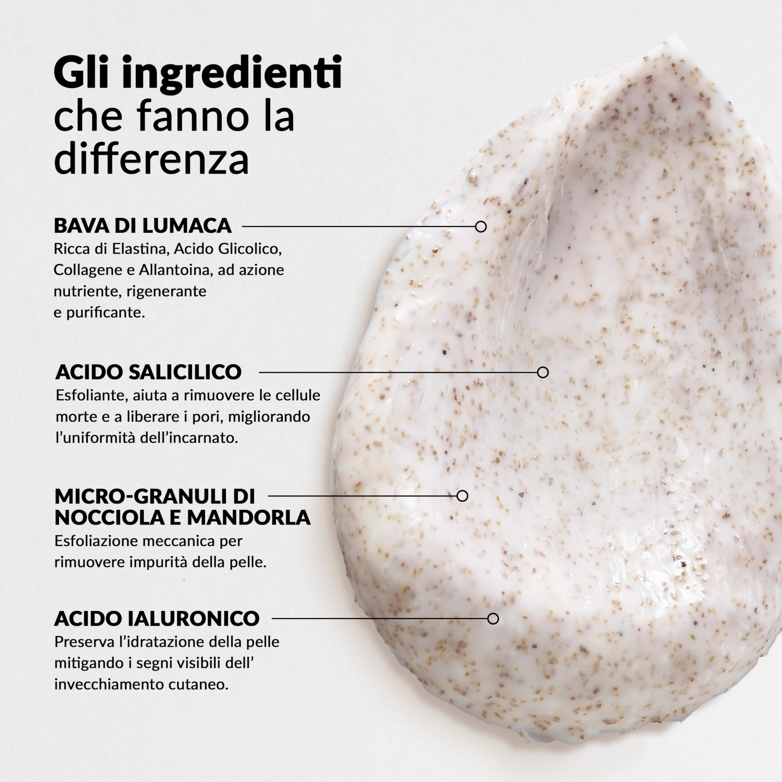 Nuvò - Scrub Viso Azione Esfoliante con Bava di Lumaca Bio 10%, 75 ml | con Acido Salicilico, Mandorla e Nocciola, pulizia profonda per uso quotidiano, per pelli miste, Made in Italy