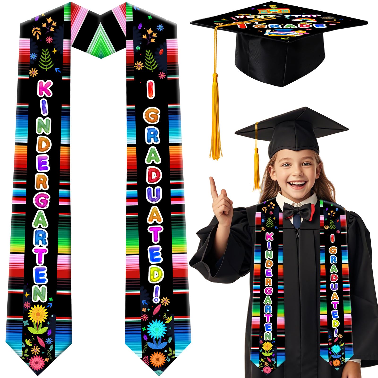 Kindergarten Graduation Sash – Floral Design + Adjustable Tassel Hat – Preschool & Pre-K Ceremony Accessories