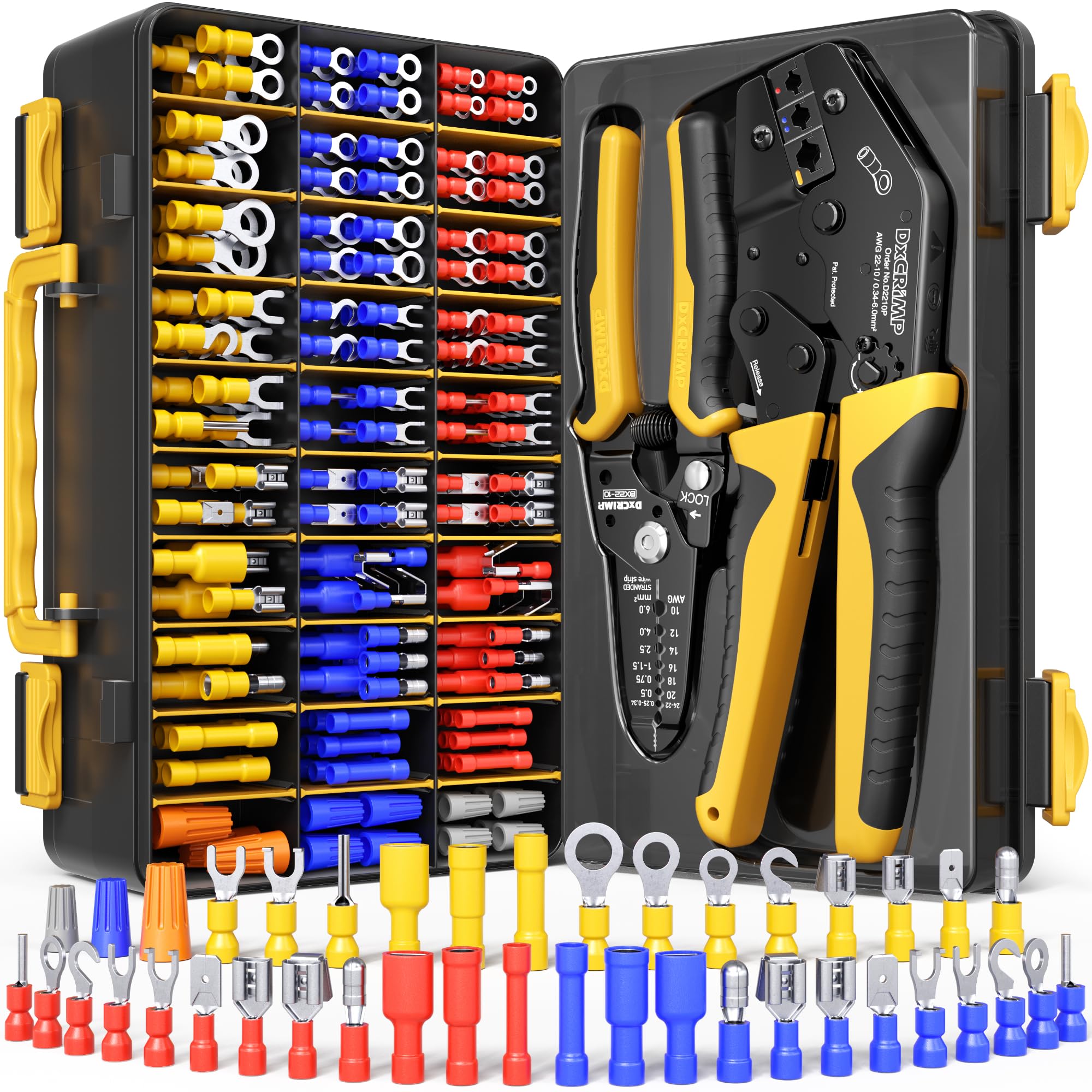 DxCRIMP Crimpzange Kabelschuhe Set, 0,34-6mm², 45 Arten isolierte Quetschverbinder und Ratschen-Kabelschuhzange - Ring-, Gabel-, Stift- und Flachsteckhülsen Sortiment - für Kfz, Haus & Elektrik