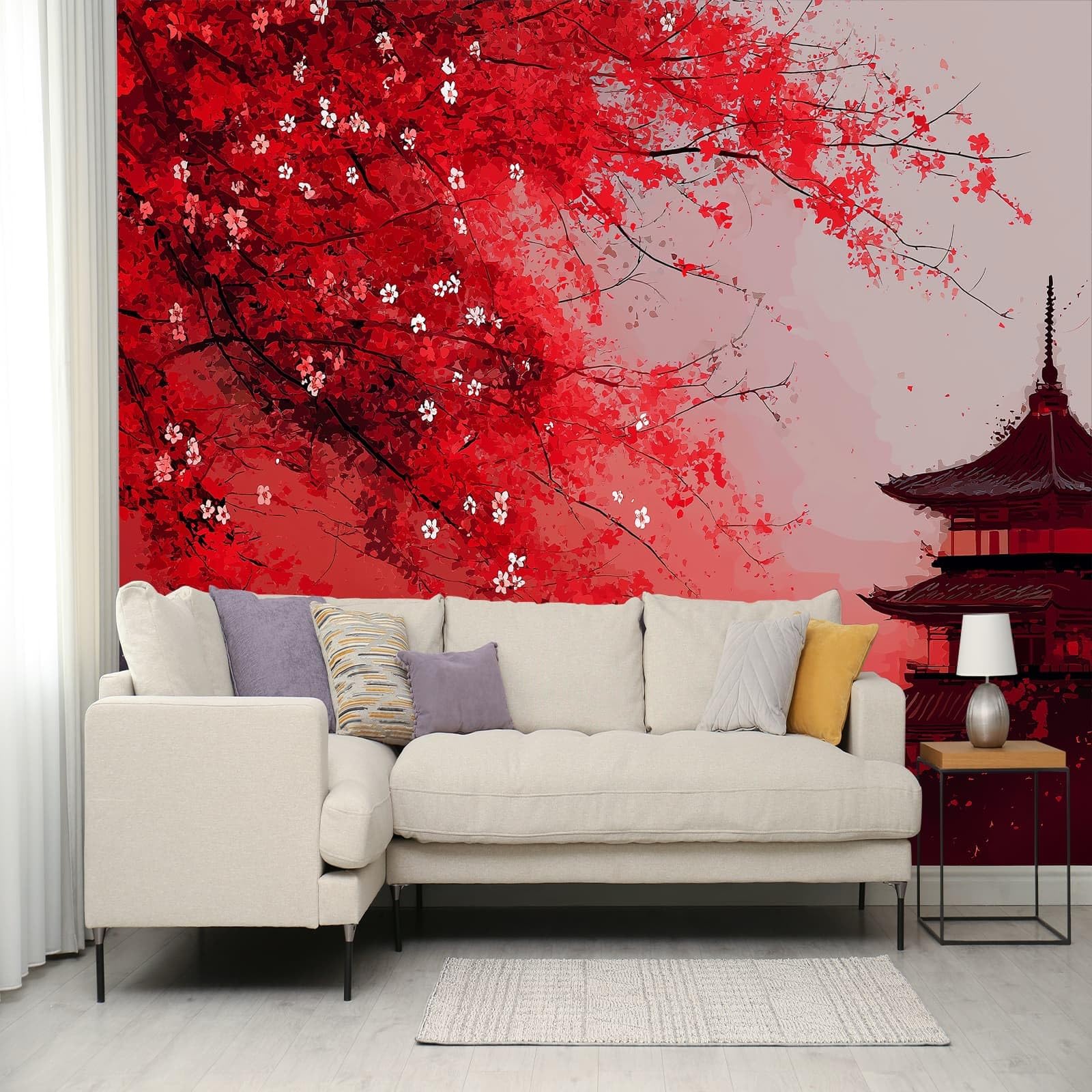Tradycyjny chiński styl panoramiczny plakat tapeta 450 x 315 cm (szer. x wys.), architektura kwiaty wieża tapeta mural na ścianę akcentującą do sypialni salonu przedpokoju - wodoodporny i zdejmowany