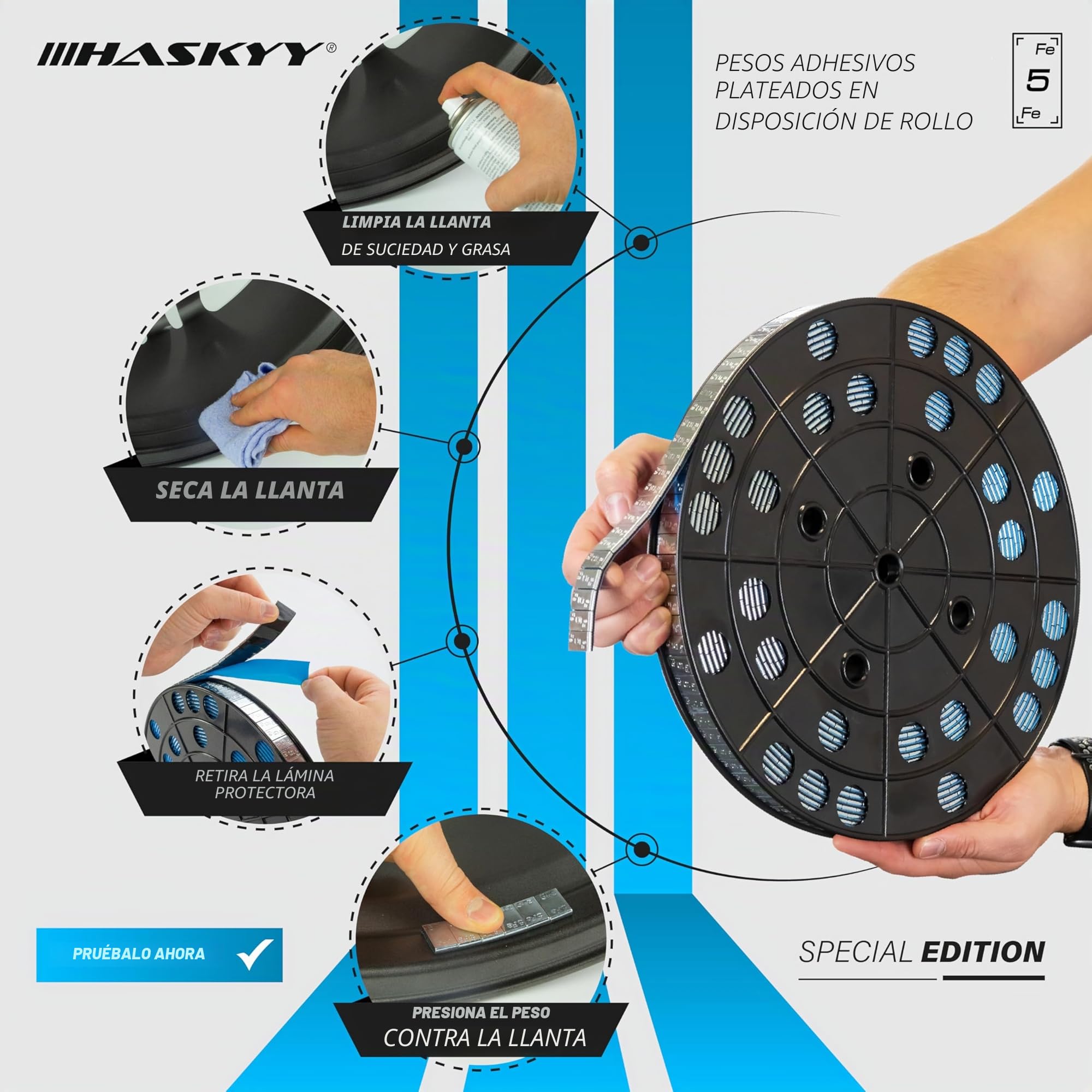 HASKYY 6KG - Rollo de lastre Adhesivo de Zinc, Peso de Acero, Barra Adhesiva con Borde Desmontable, 1200 x 5 g