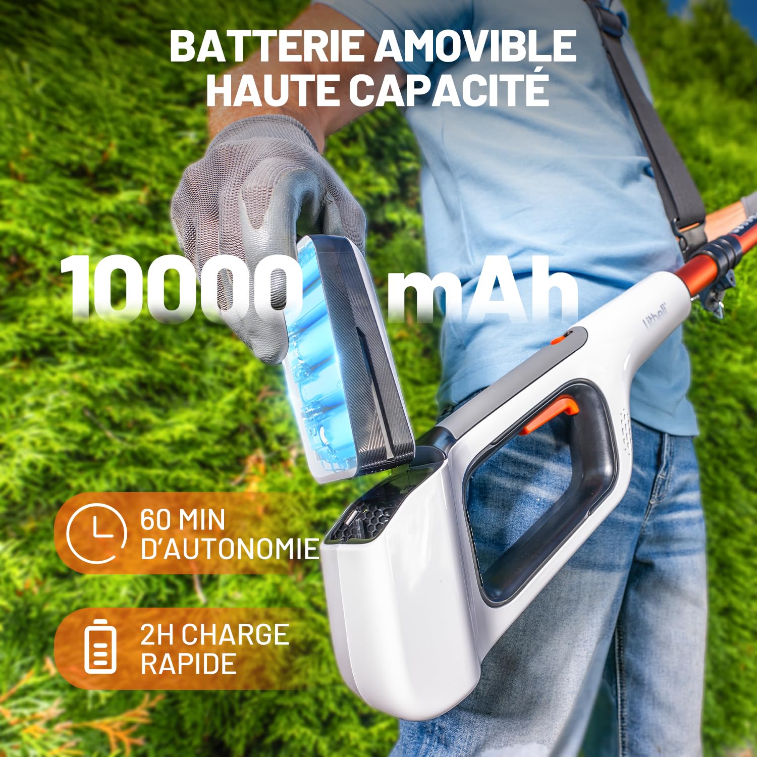 Litheli Élagueuse sur Perche avec Batterie U20-PS, Tronconneuse a Perche pour la Coupe et L’élagage des Branches (2,0Ah, Vitesse de Chaîne 8 m/s, Lame 20 cm, Accessoires Inclus)