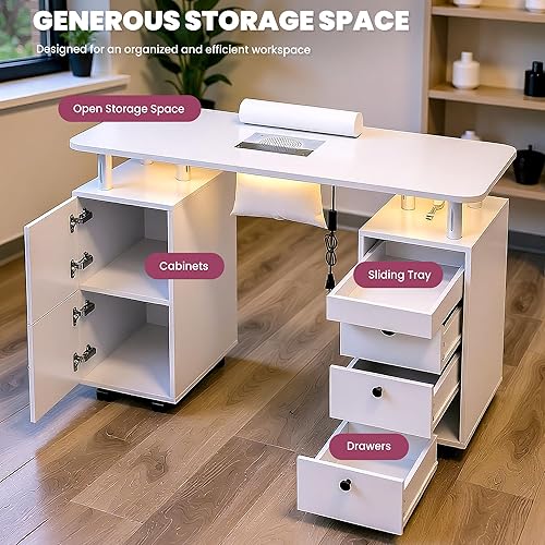 Miniatura 7 de Escritorio de uñas para tecnología de uñas con colector de polvo eléctrico, mesa de manicura rodante con ruedas bloqueables, cajones de