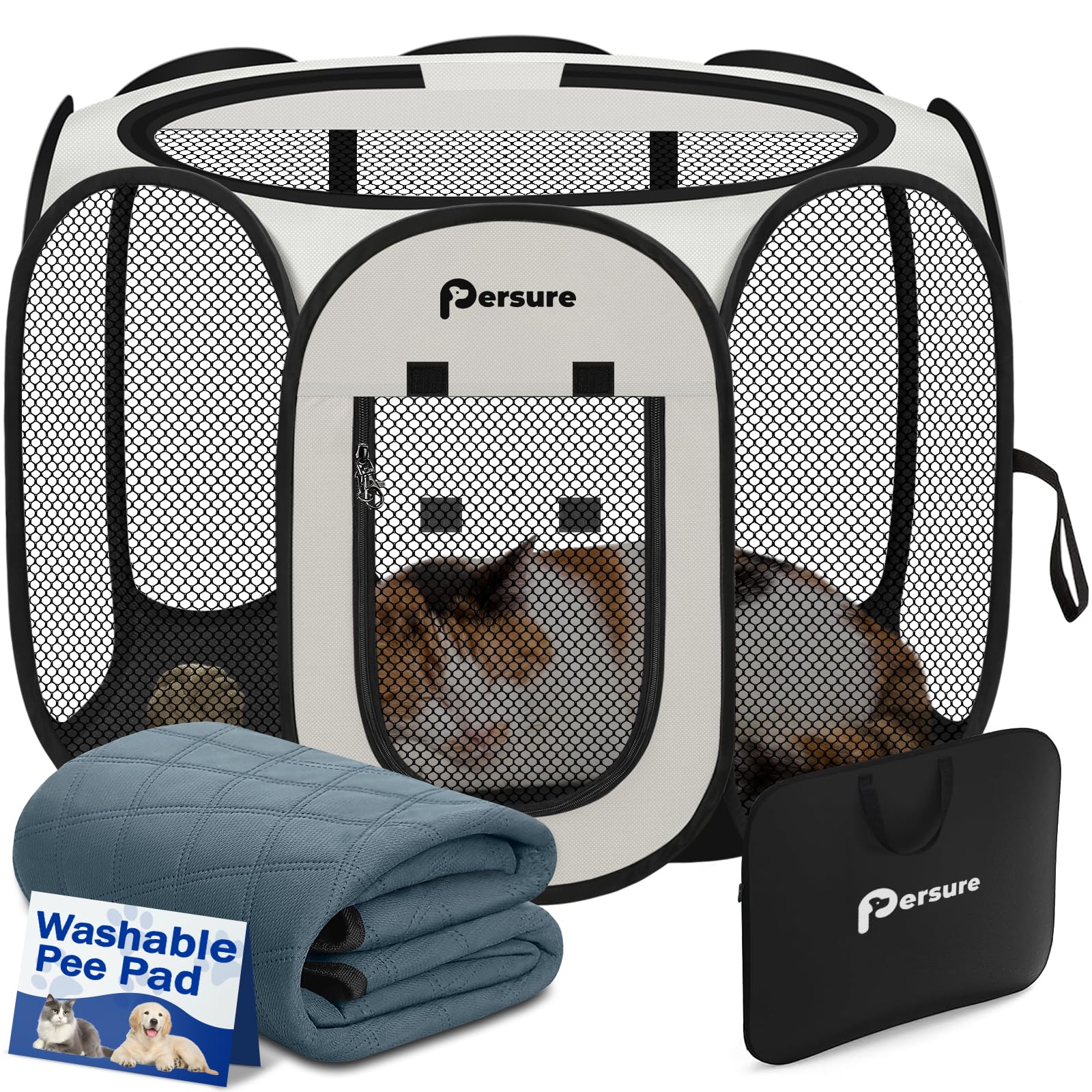 Persure Dog Cat Pet Playpen Puppy Crate Cage for Indoor Outdoor Travel | Nursing Rest Zone Recovering Pet Quarantine Room Portable Pop Up Easy to Set up lightweight Carrying Bag(White with Pad,Small