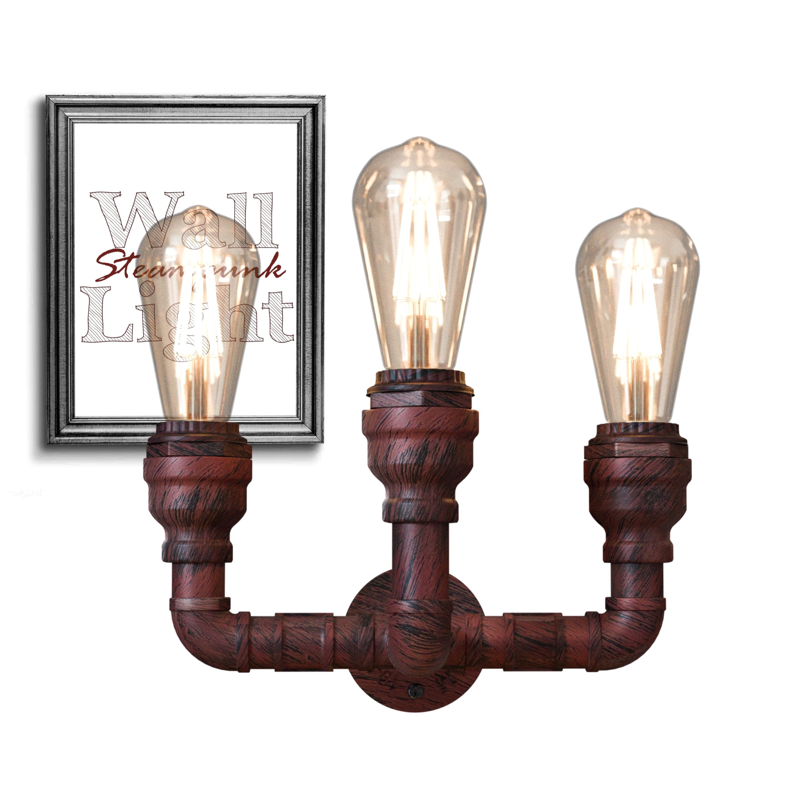DC VOLTAGE Vintage Water Pipe Wall Light Fixtures Creative Metal Steampunk Pipe Retro Wall Lamp E27 60W Max for Bedroom Kitchen Cafe Hotel Bar Pub Farmhouse (Rustic Red 3 Way) — image 1