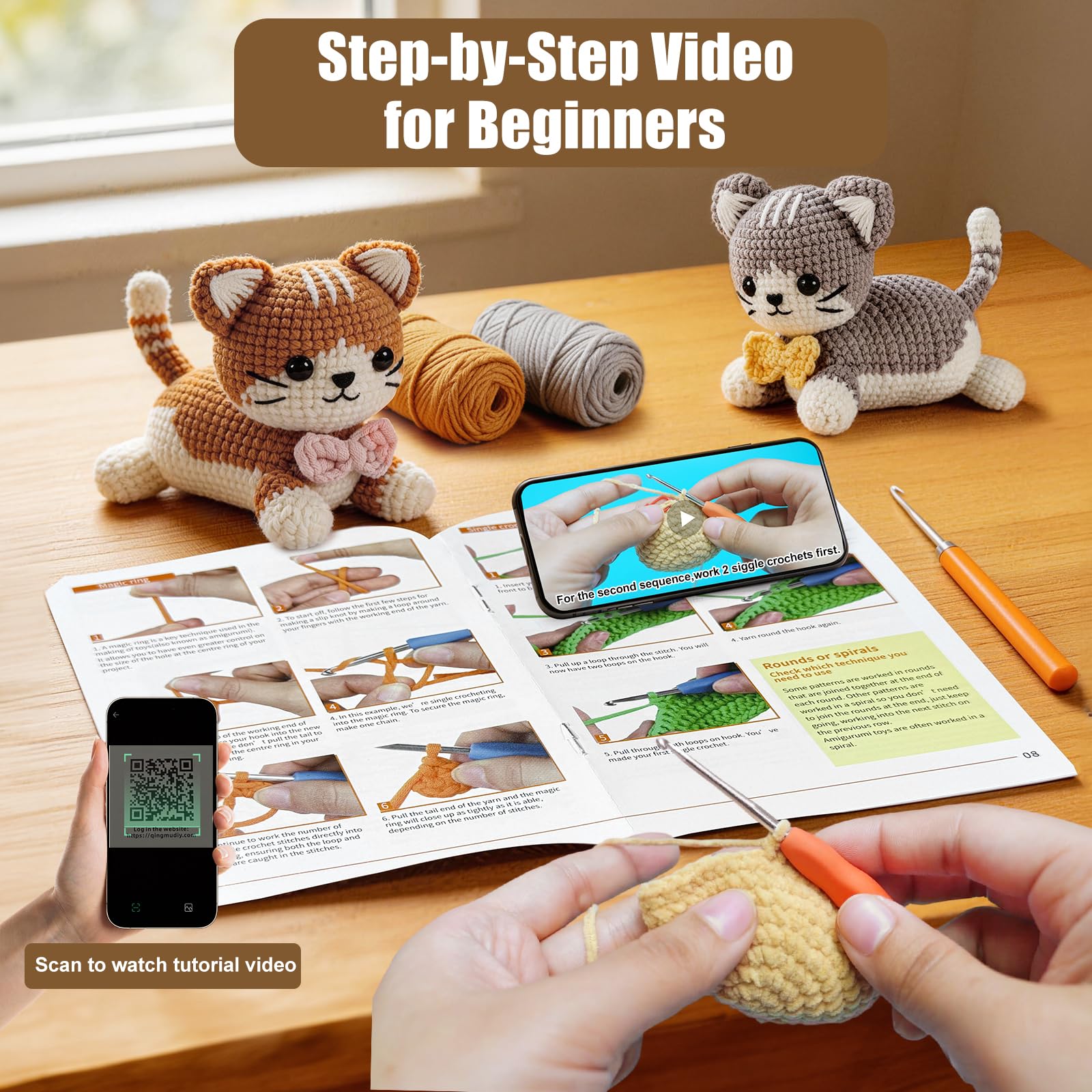 AI.QVOKA Crochet Kit for Beginners Kids Ages 8-12, Learn to Crochet Kit for Adult Beginners | Cat Crochet Animal Kit with Step-by-Step Video Tutorials – Perfect Crochet Gifts for Girls (2 Pack) - 4