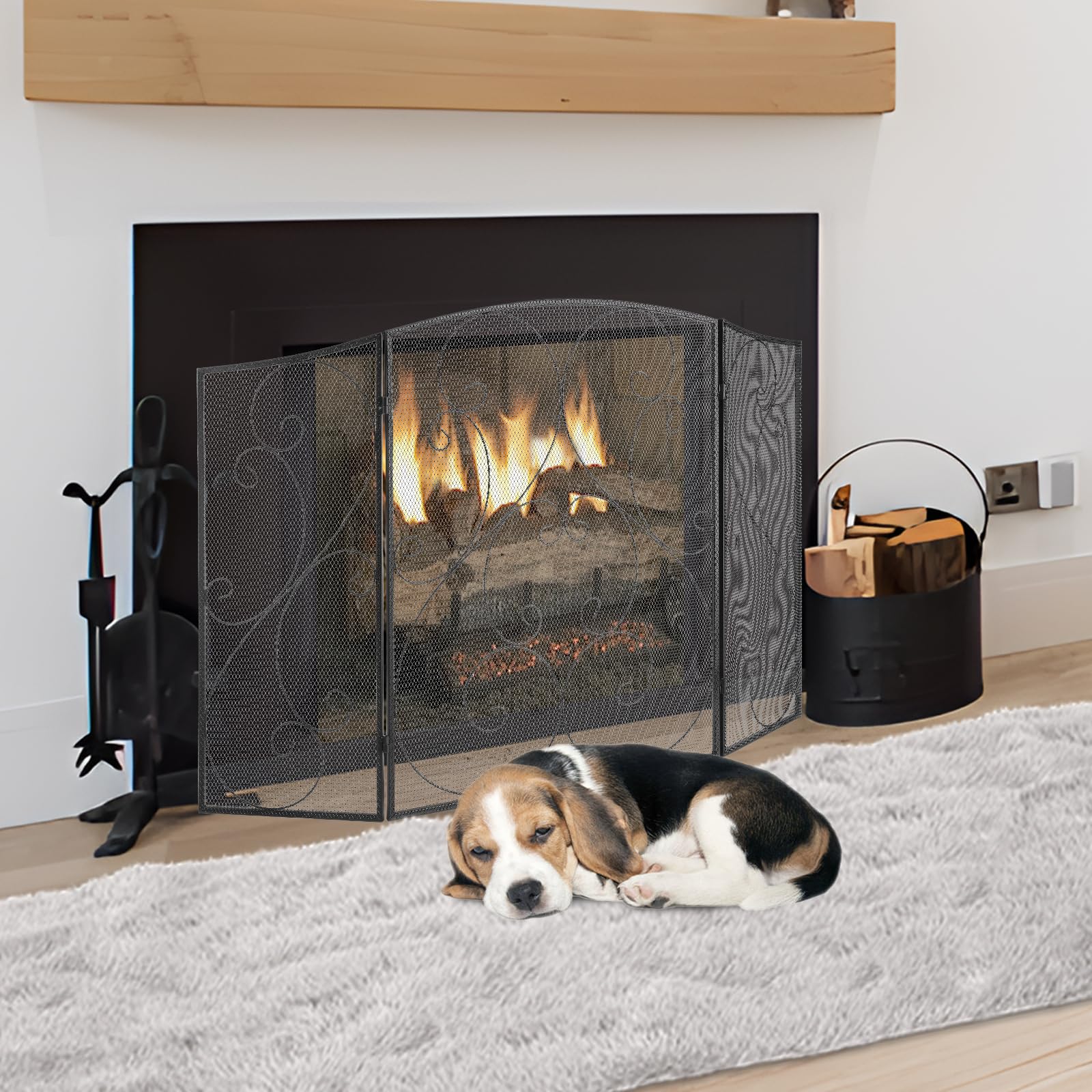 VEVOR Pare-feu de Cheminée 3 Panneaux 121,9x76,7 cm Fer Robuste Pare-étincelles Autoportant Noir