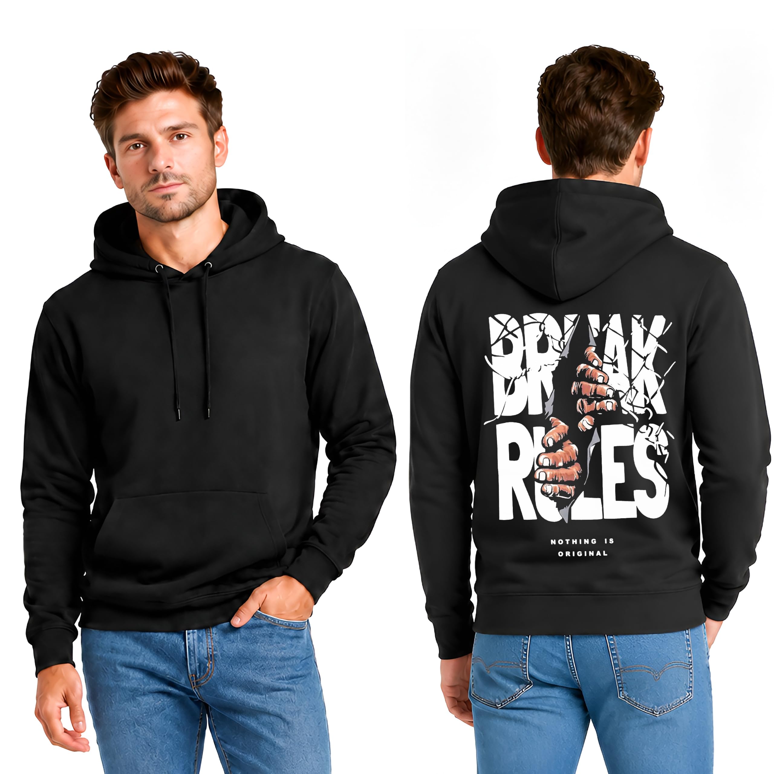 Men's Pullver Hoodie with Back Print || Fleece Cloth || Trending Back Print Design || Full Length Hand with Cuff || Hooded Neck with Roope-image-5
