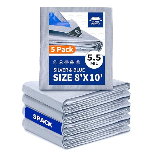 RAINDEWAY Tarps 8x10Ft (5-Pack) 5.5 Mil Waterproof Poly Tarp Cover