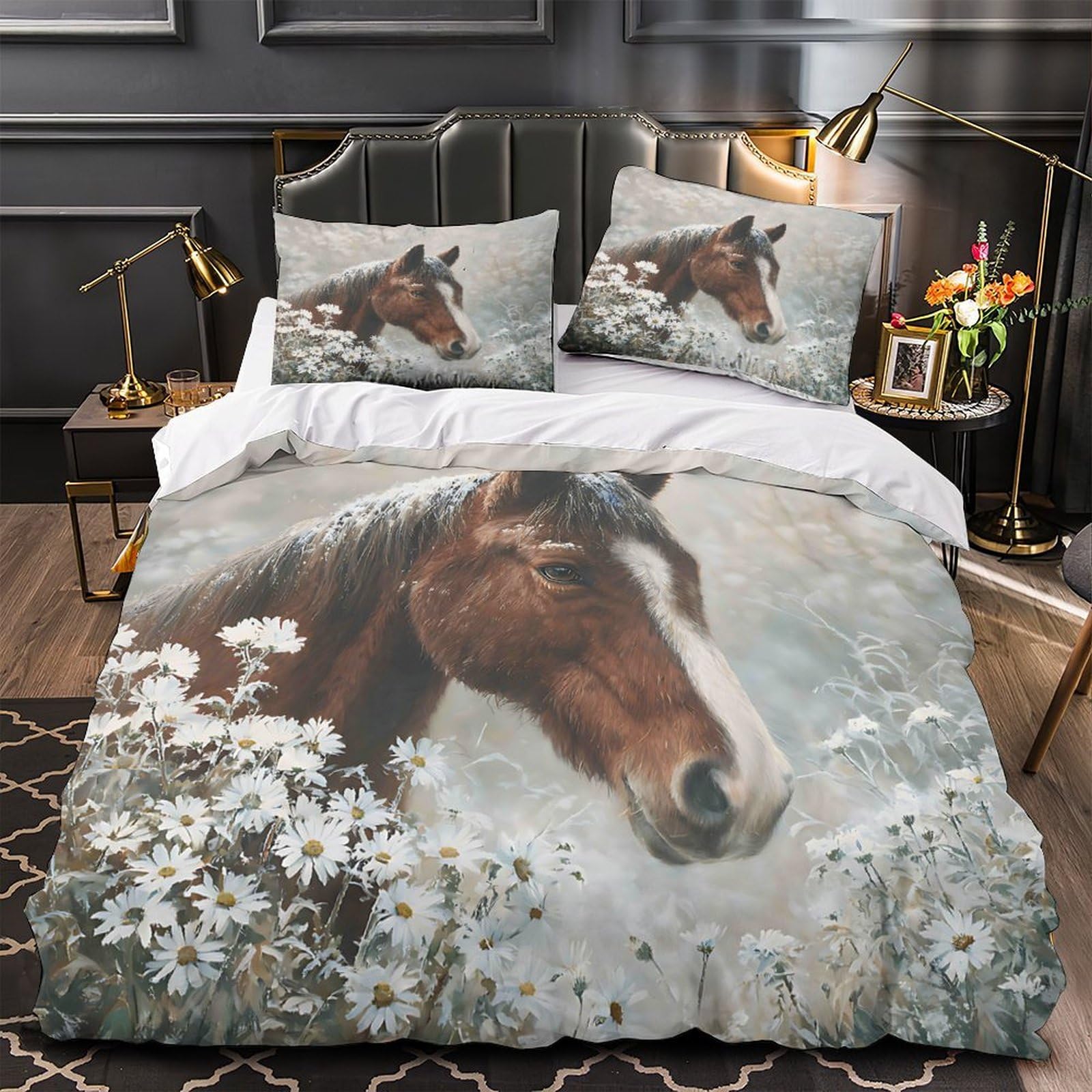 Housse de couette chevaux 3D vintage 200x200cm avec taies