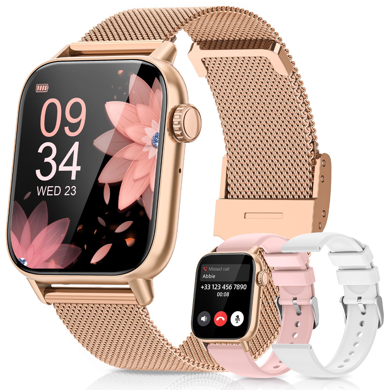 Smart Watch with 3 Bands Rose Gold Case Mesh and Silicone Straps Full Touch Screen