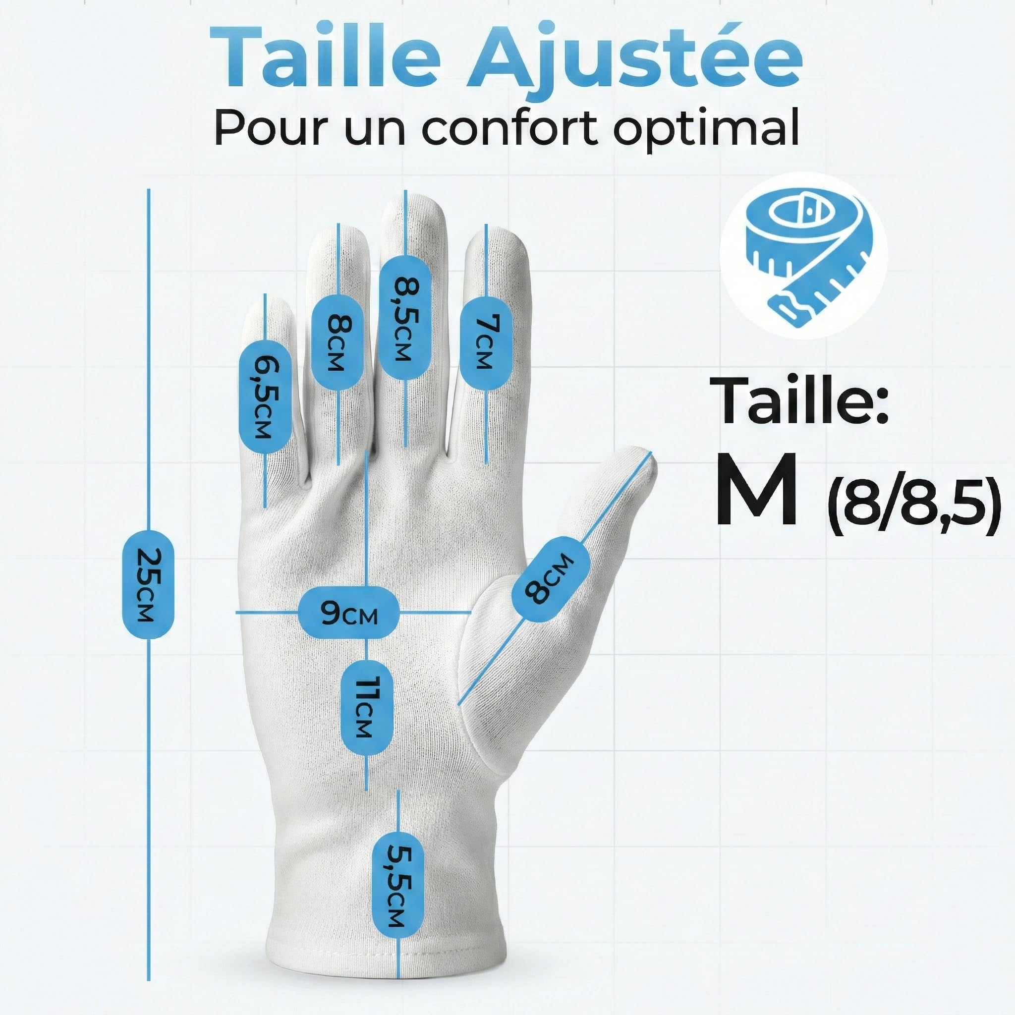 Gants coton dermatologique (Dermatest: Excellent) gants blancs pour eczema, gants hydratant main - antistatique - homme/femme - gants en coton de qualité supérieure (3 paires, M)