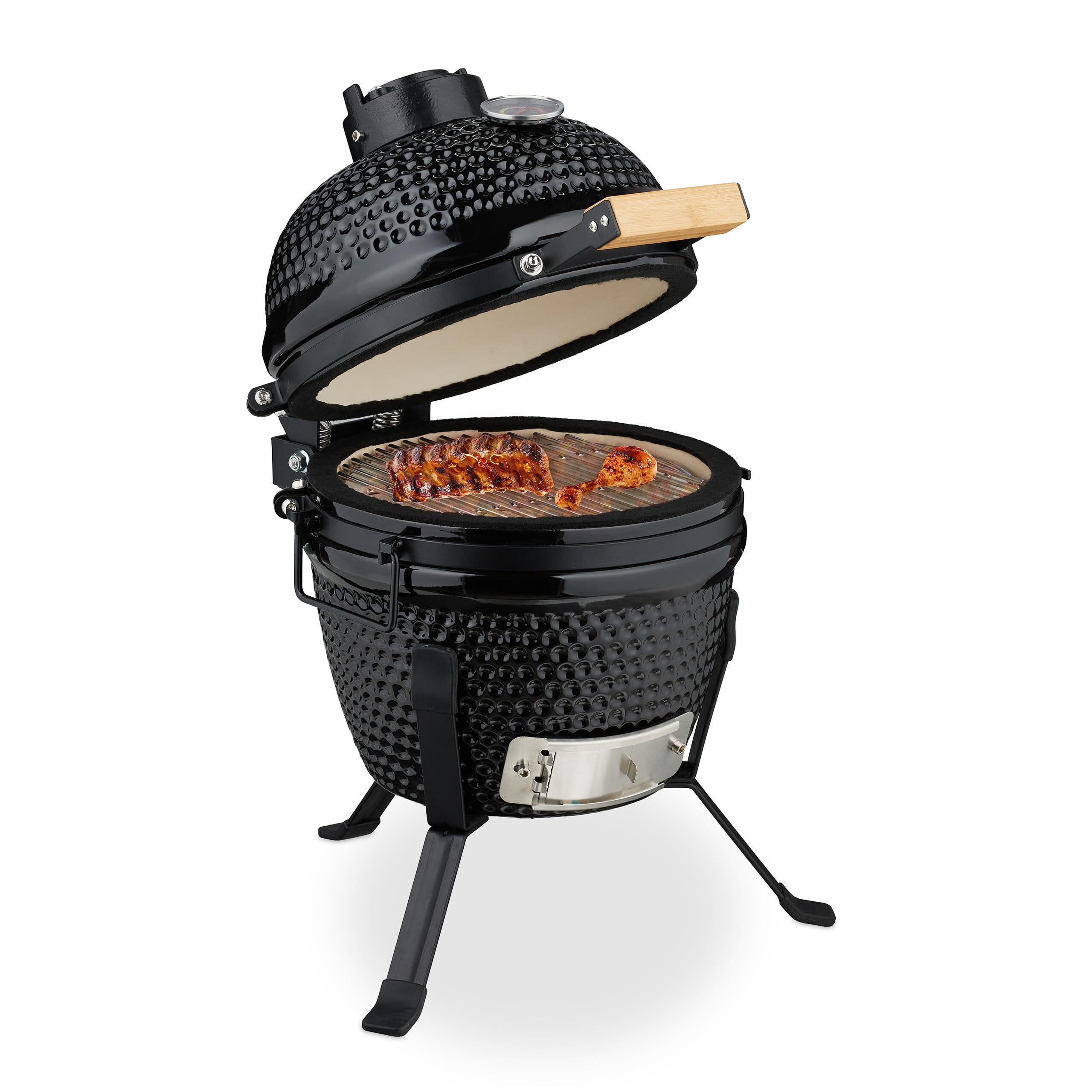 Relaxdays Kamado Grill, Ø 32 cm, Keramikgrill mit Thermometer bis 450 °C, BBQ, Grillen, Kochen & Backen, Smoker, schwarz