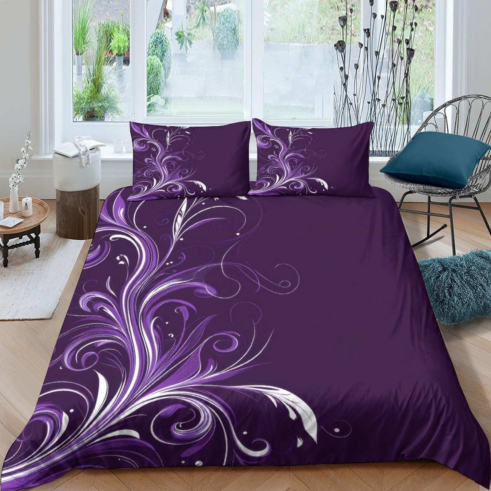 Housse de couette 220x240 imprimé 3D floral violet linge de lit King microfibre