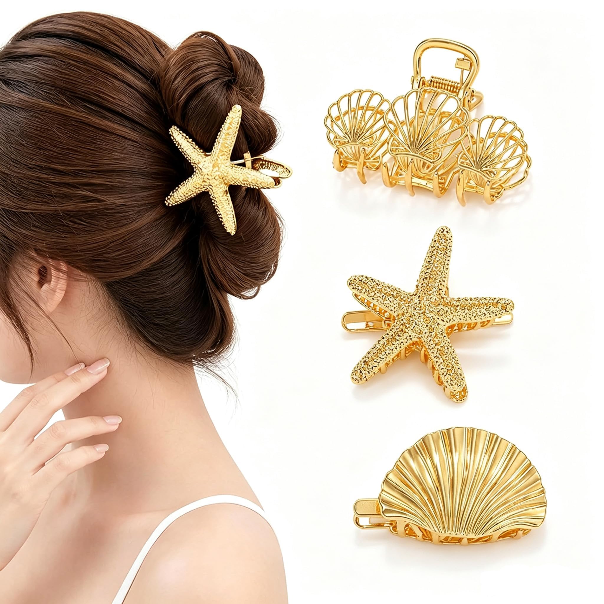 Photo 1 of Aadwiwk Starfish & Seashell Hair Clips - 3 Piece Set